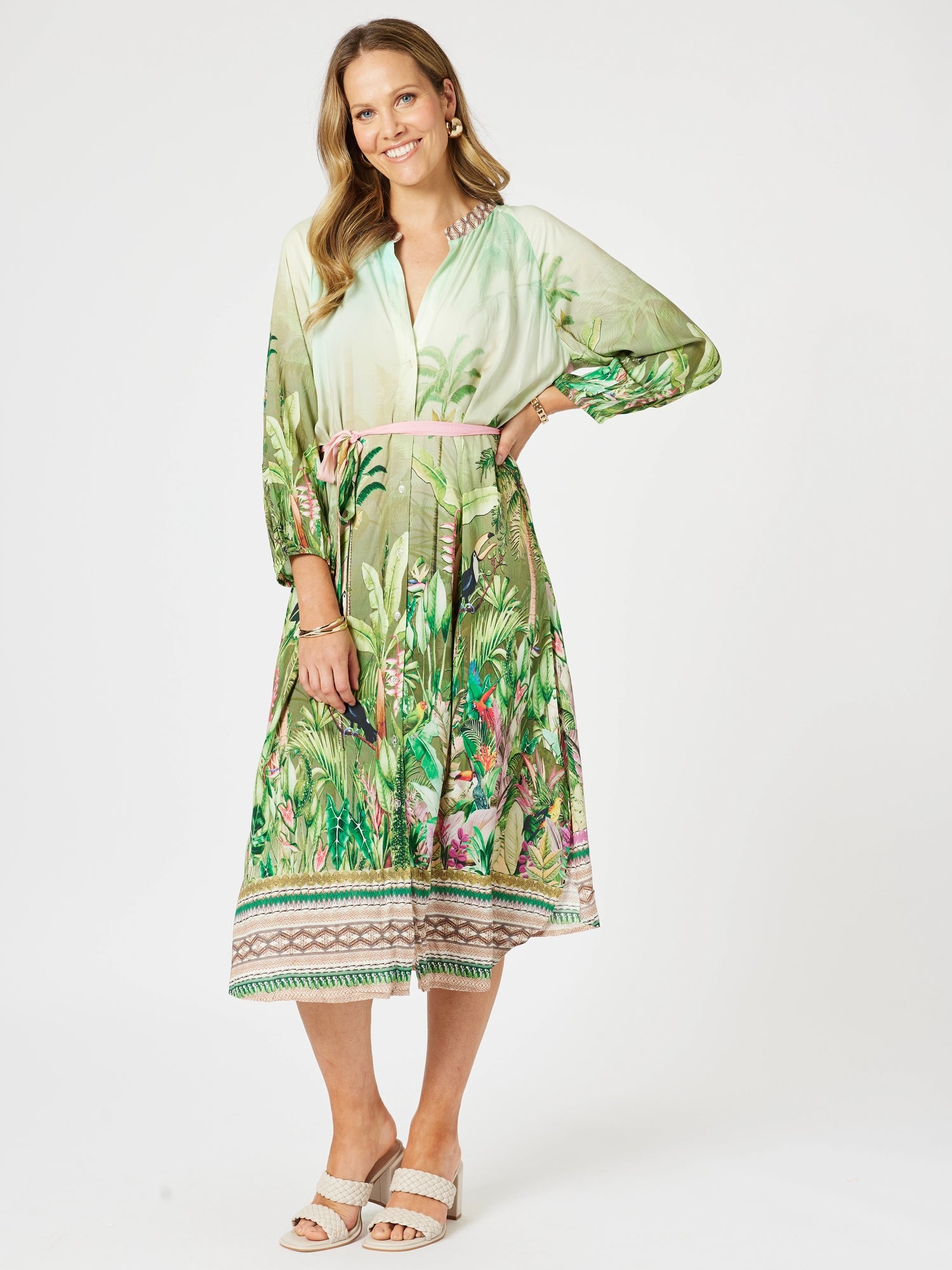 Toucan Multi Print Dress - Green Pink
