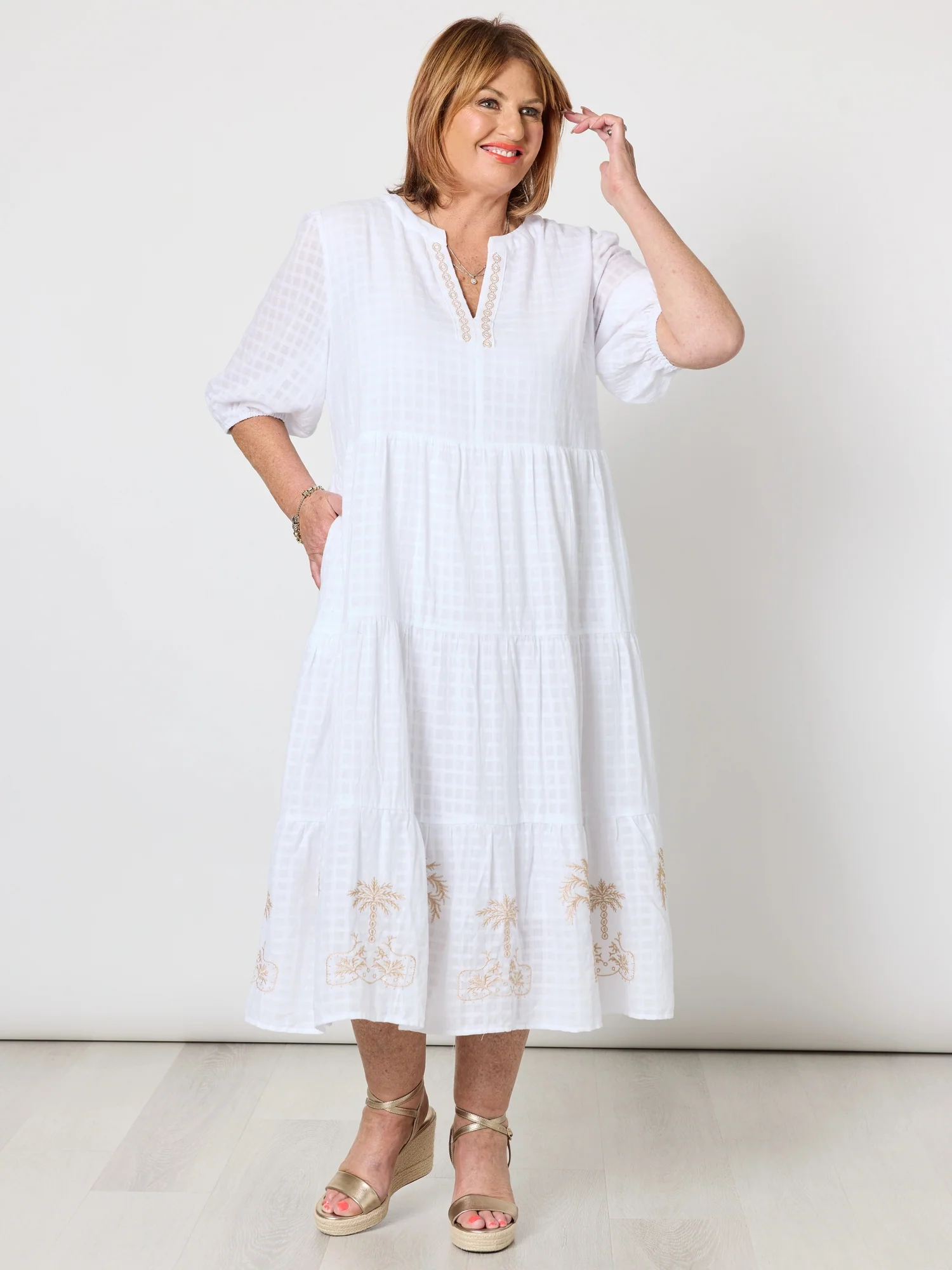 Mykonos Embroidered Dress - White/Gold