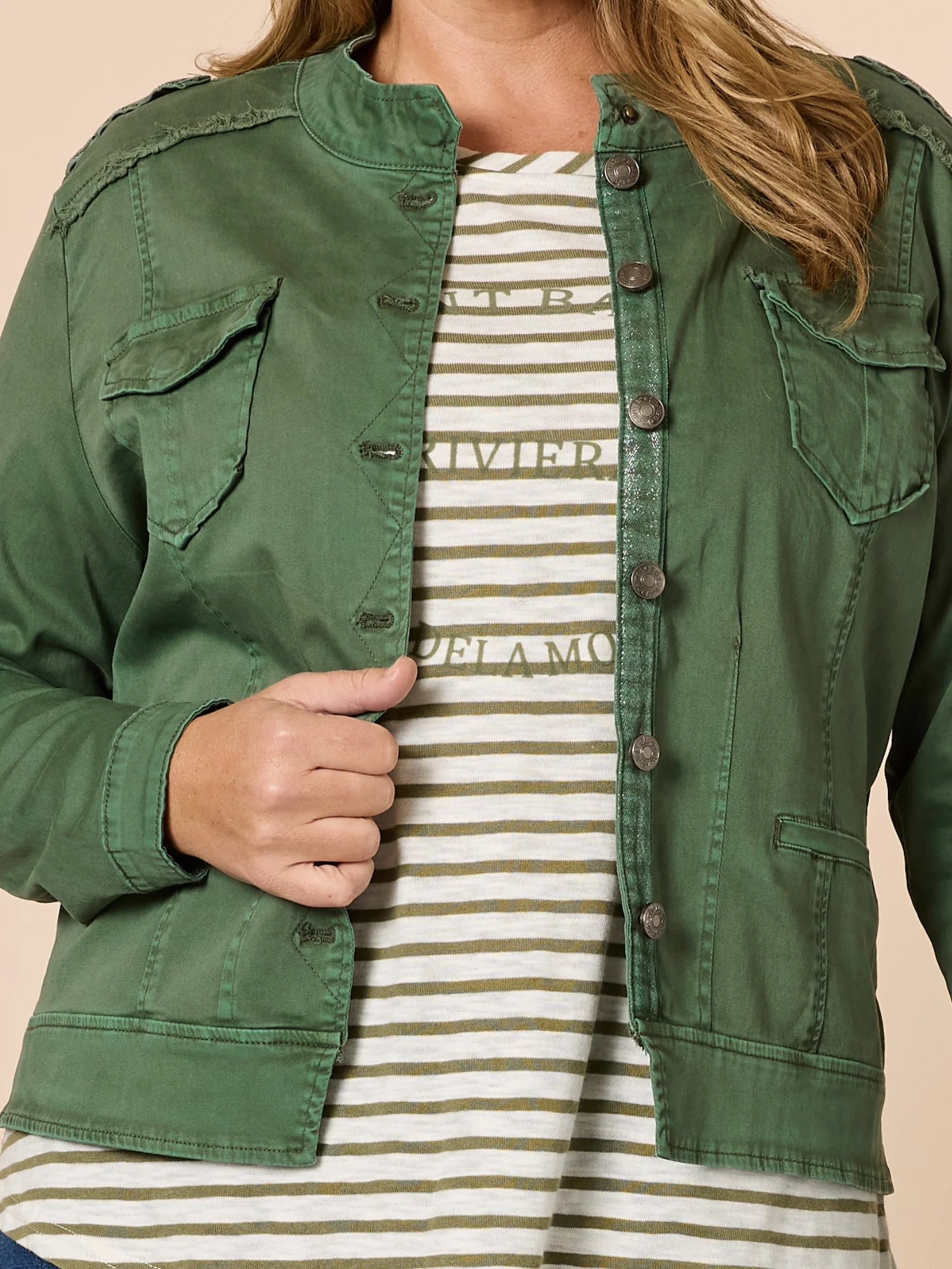 Military Style Denim Jacket - Khaki