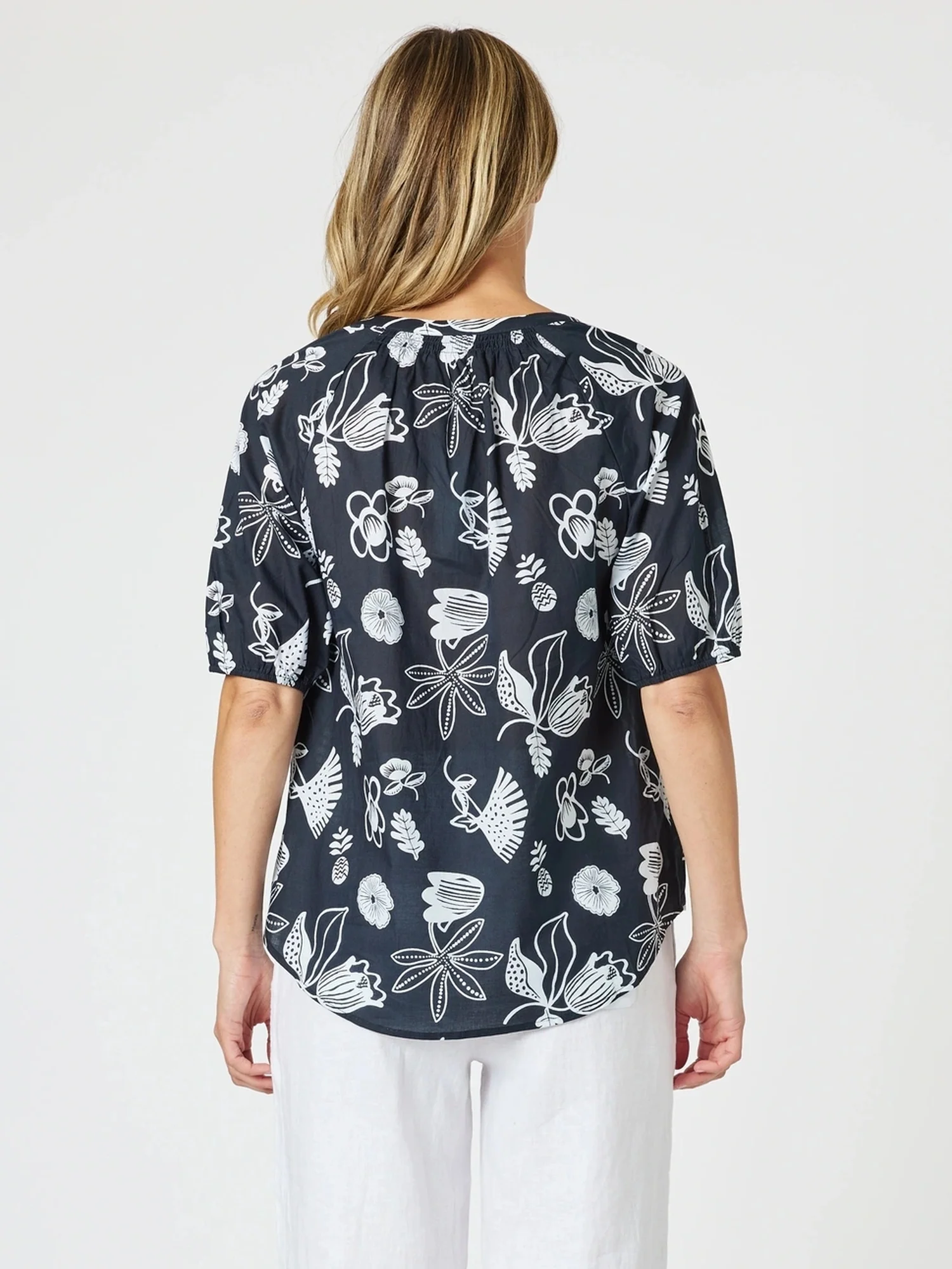Palm Springs Floral Print Top - Navy/White