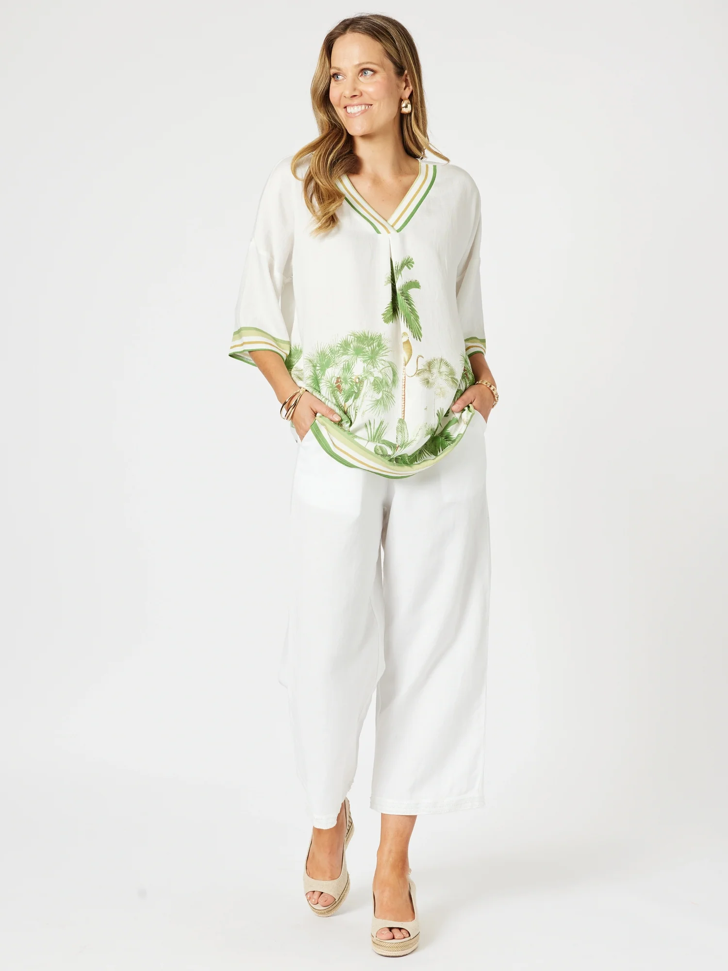 Amazon Print V Neck Top - Green/Multi