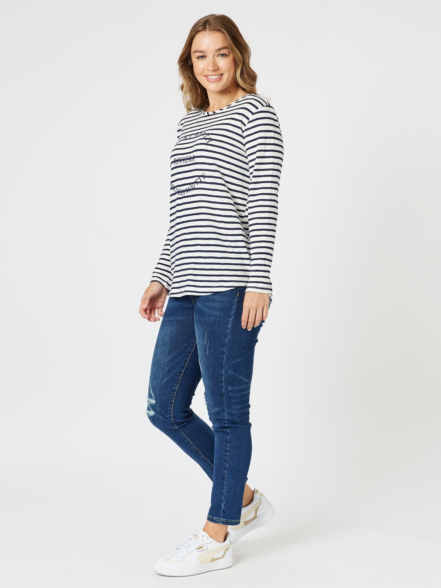 Riviera Stripe Print Long Sleeve Tee - Navy/White
