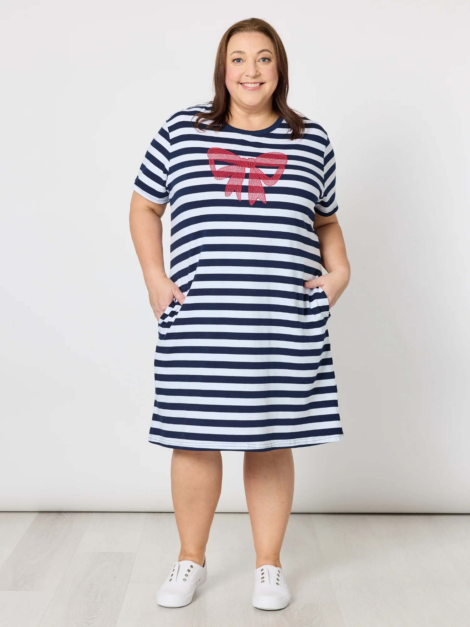 Red Bow Stripe Print Dress - Navy/White