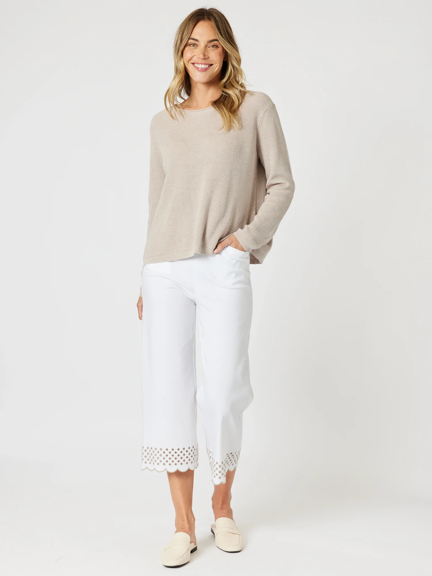 Scallop Hem Pant - White/Natural