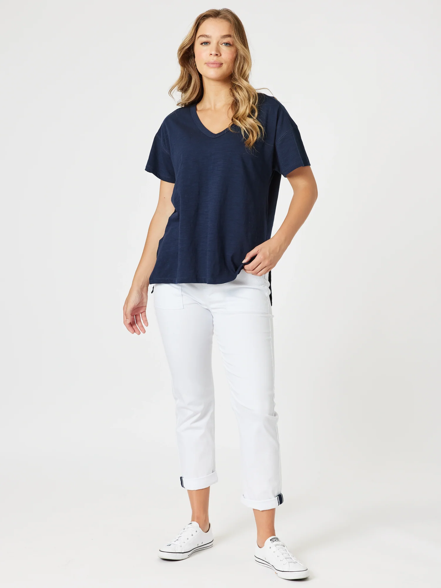 Elle V Neck Tee - Navy