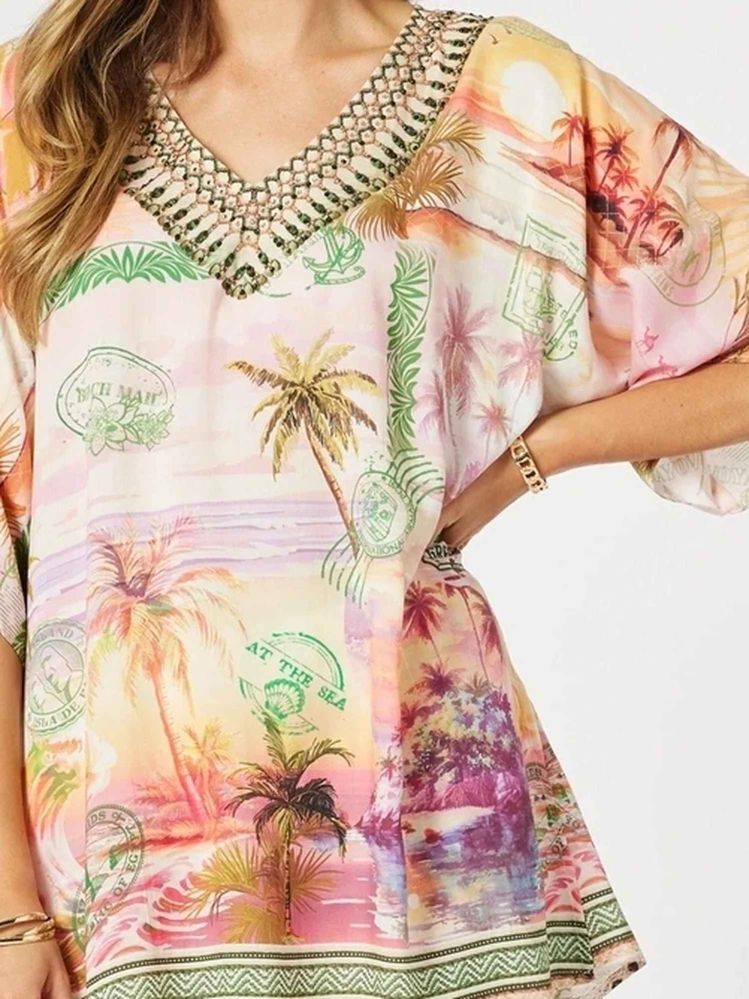 Passport Print V Neck Top - Sunset Multi