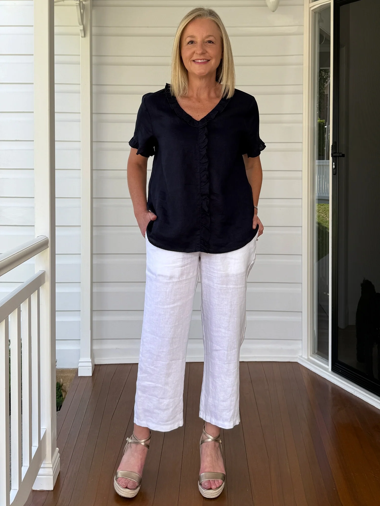 Tiffany Ruffle Linen Top - Navy