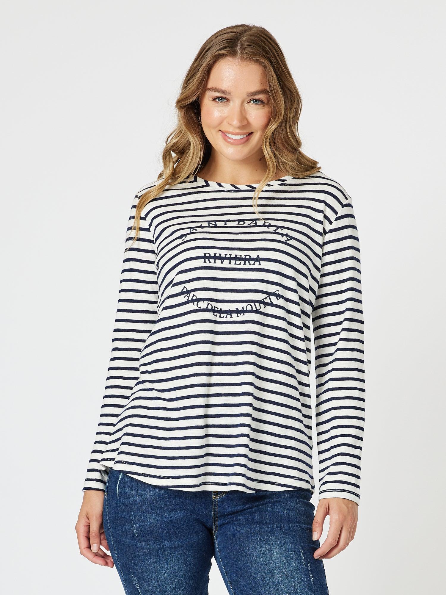 Riviera Stripe Print Long Sleeve Tee - Navy/White