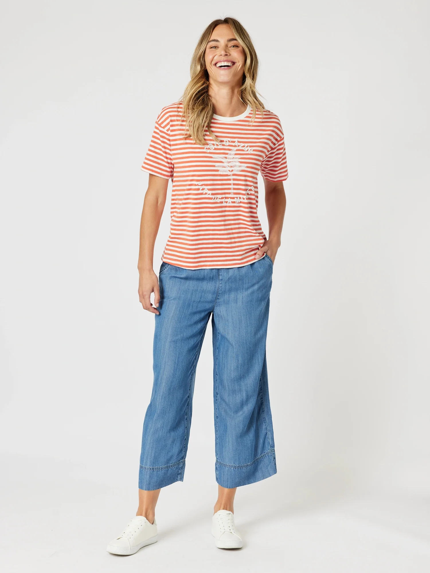 Cote d'Azur Stripe Tee - Papaya White