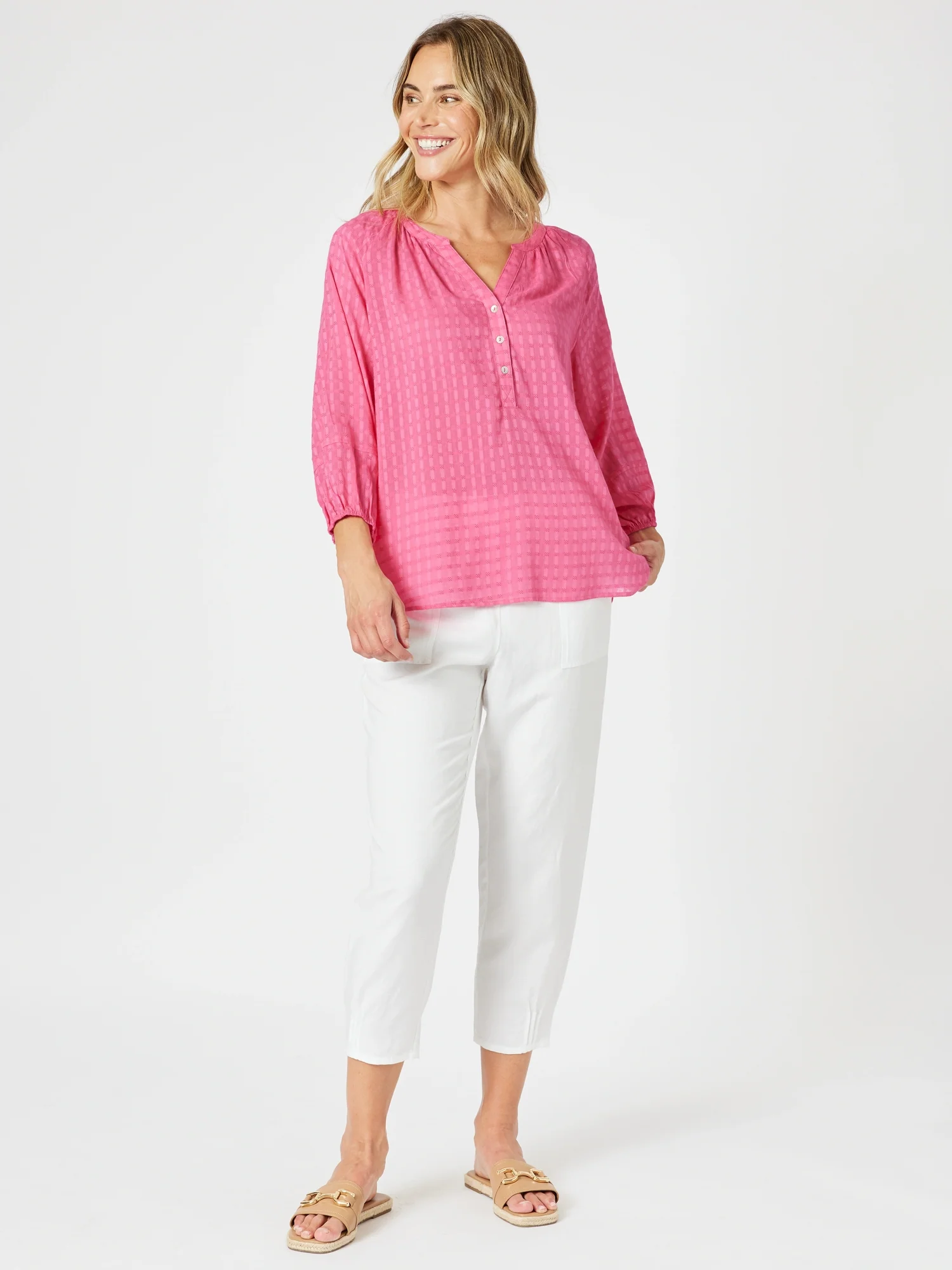 Mykonos Check Blouse - Peony