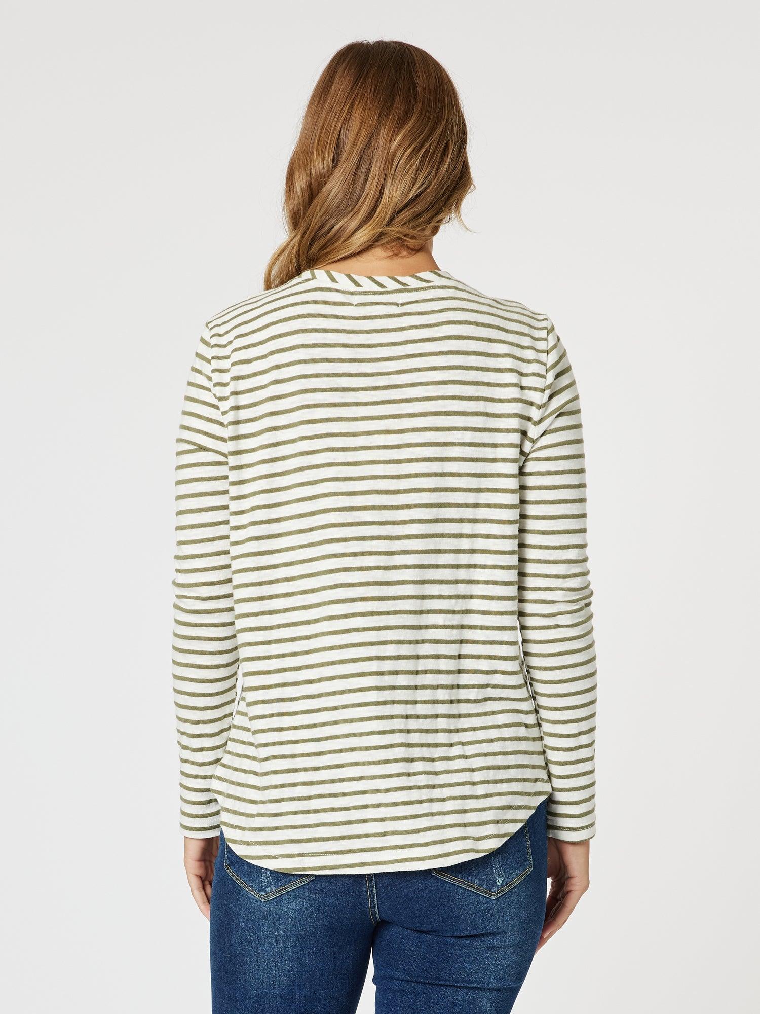 Riviera Stripe Print Long Sleeve Tee - Khaki/White