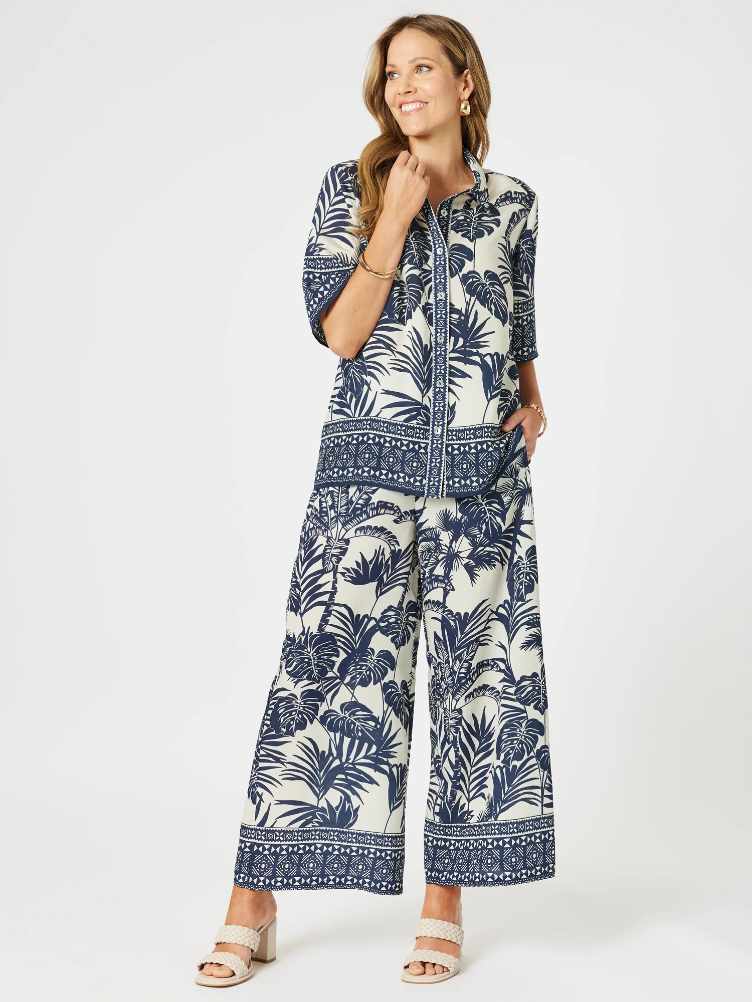 Palm Cove Print Wide Leg Pant - Navy Multi