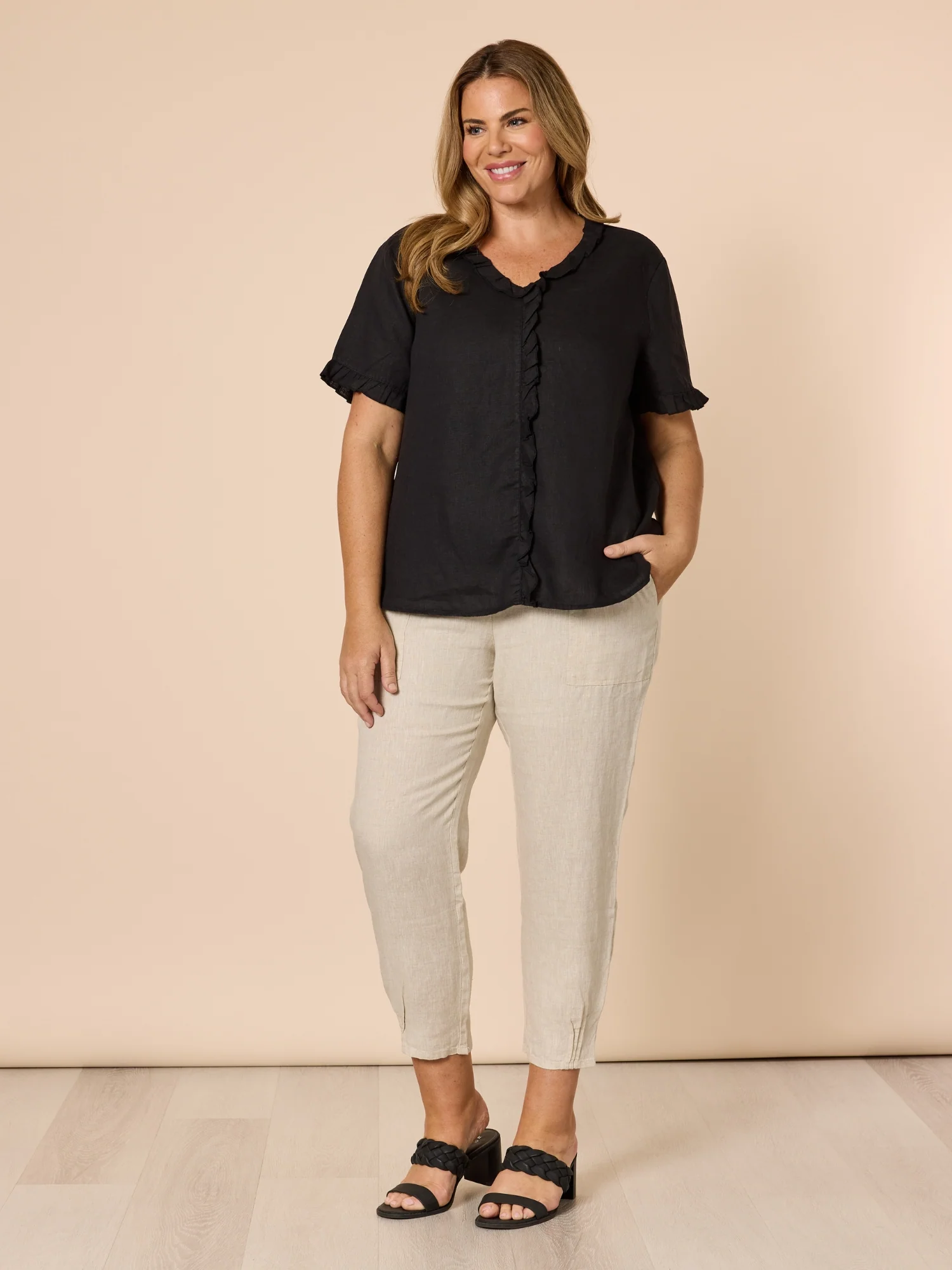Tiffany Ruffle Linen Top - Black