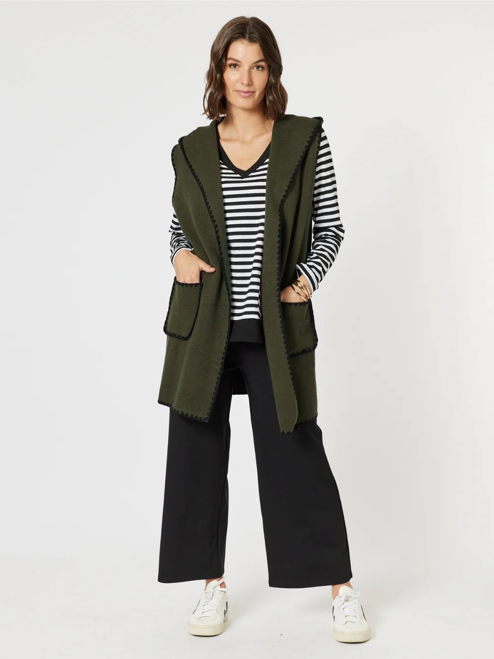 Cosy Contrast Stitch Hooded Vest - Khaki