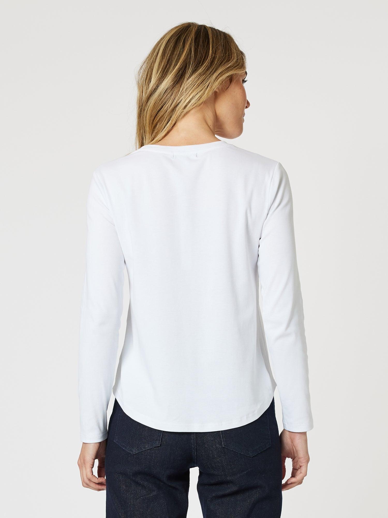 Crew Neck Cotton Rib Long Sleeve Top - White