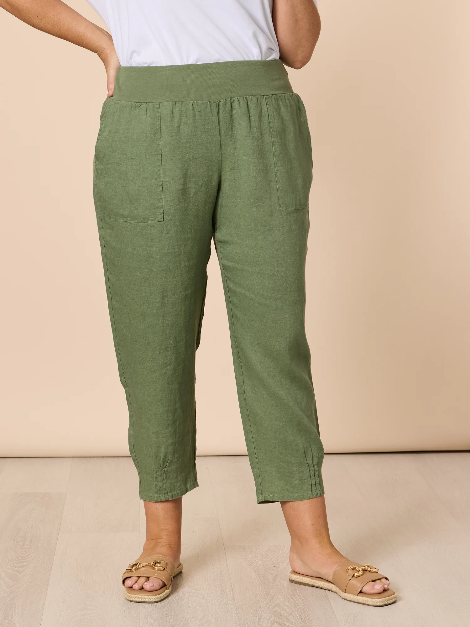 Sarah Linen Pleat Hem Pant - Khaki
