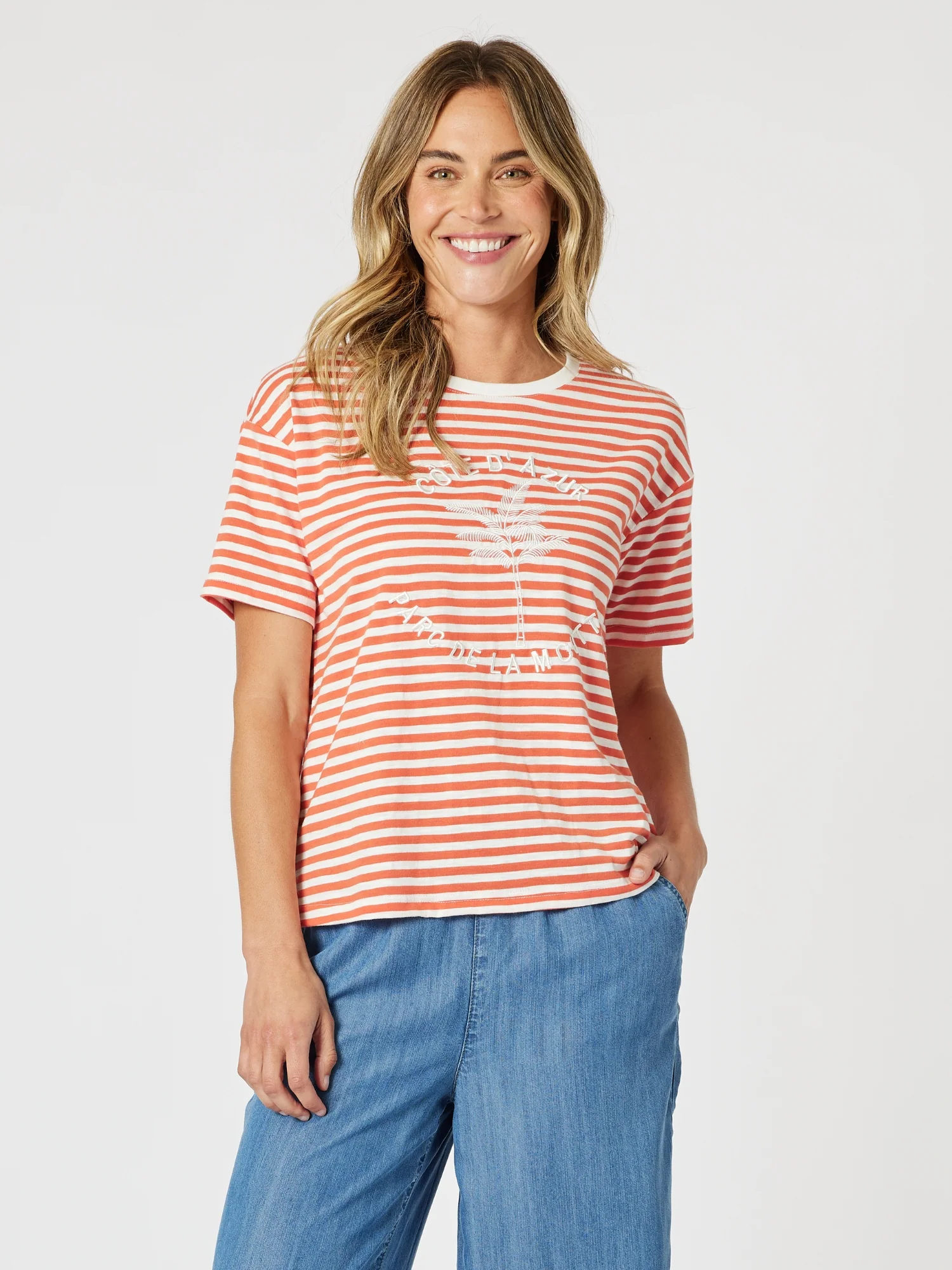 Cote d'Azur Stripe Tee - Papaya White
