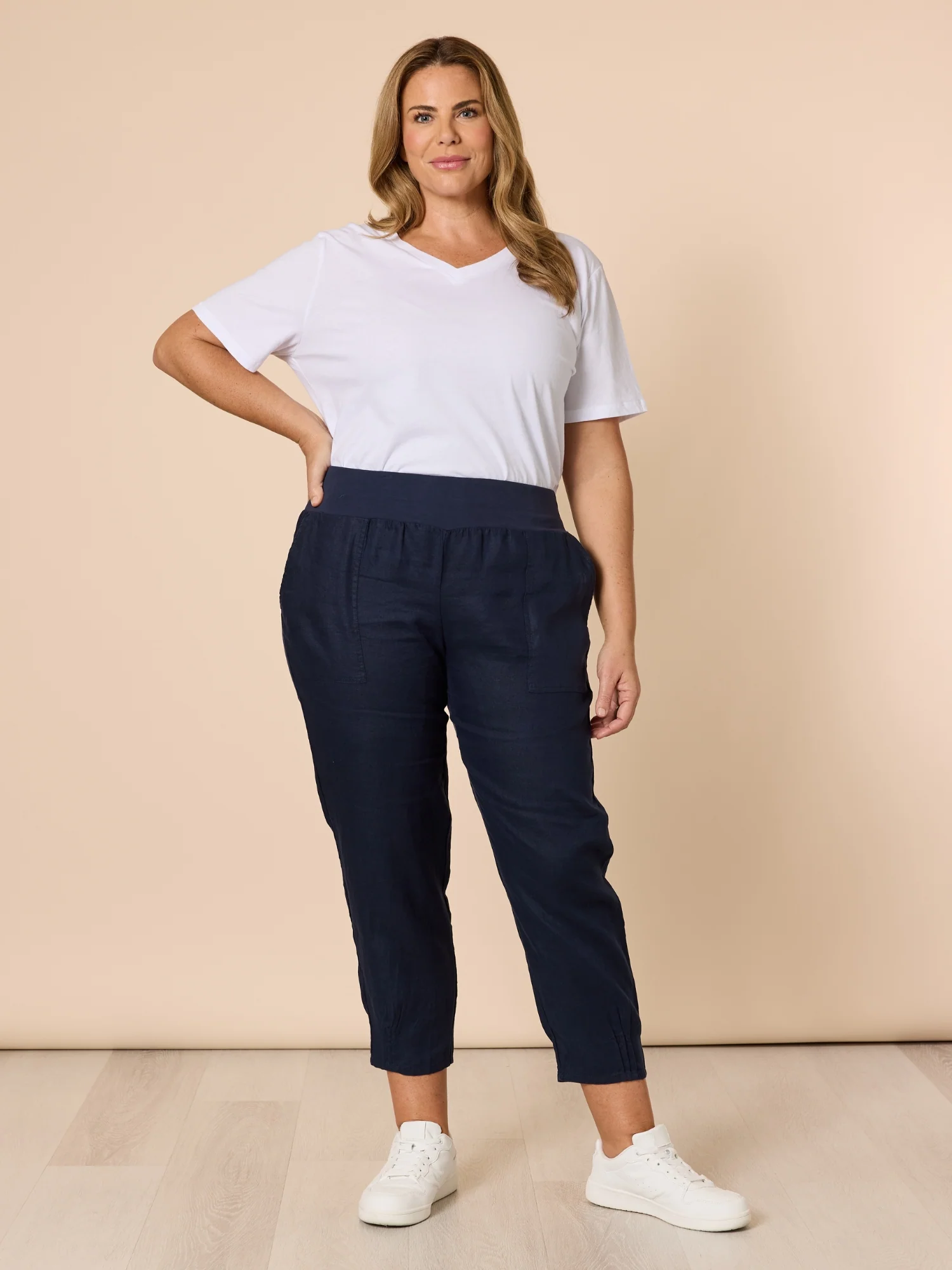 Sarah Linen Pleat Hem Pant - Navy