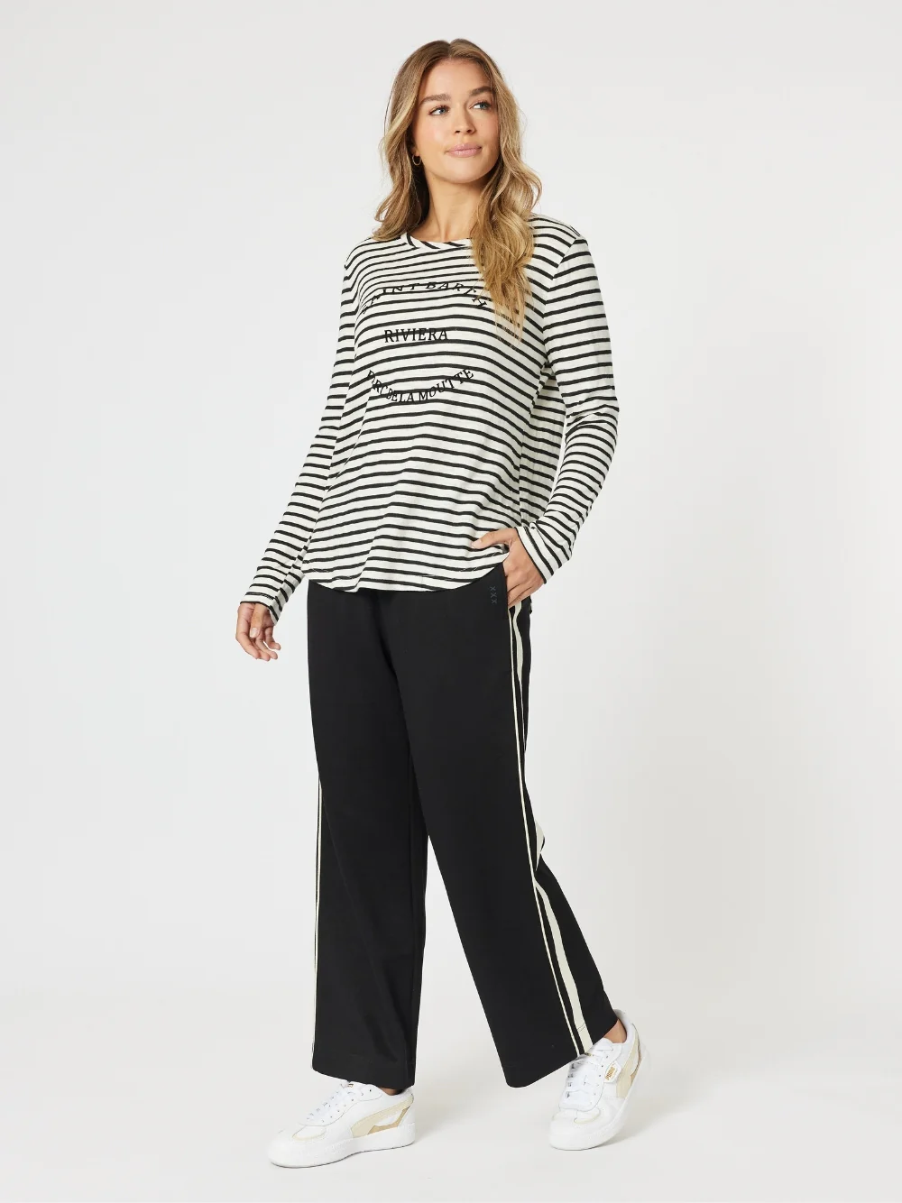 Riviera Long Sleeve Stripe Print Tee - Black/White