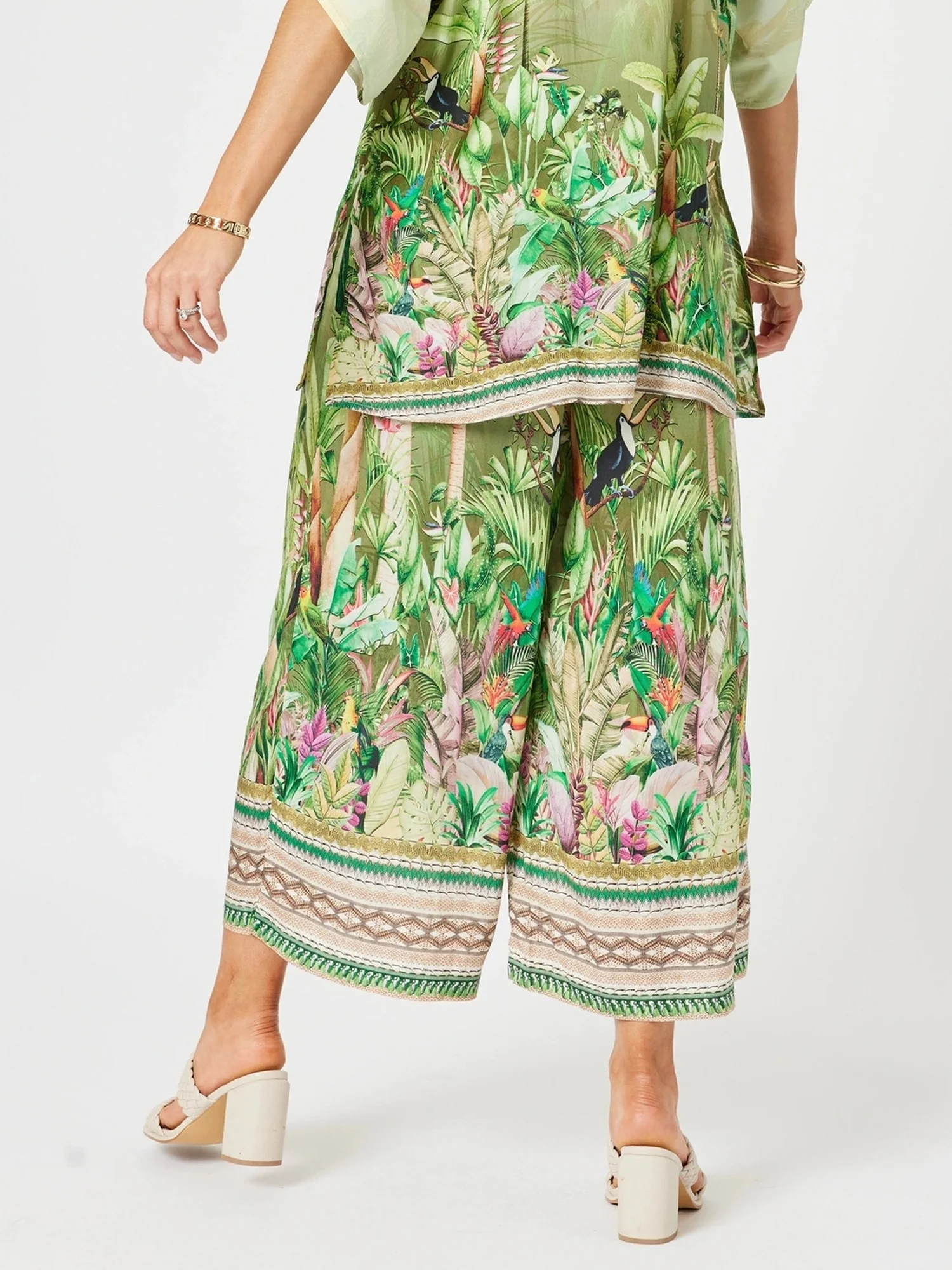 Toucan Print Wide Leg Pant - Green