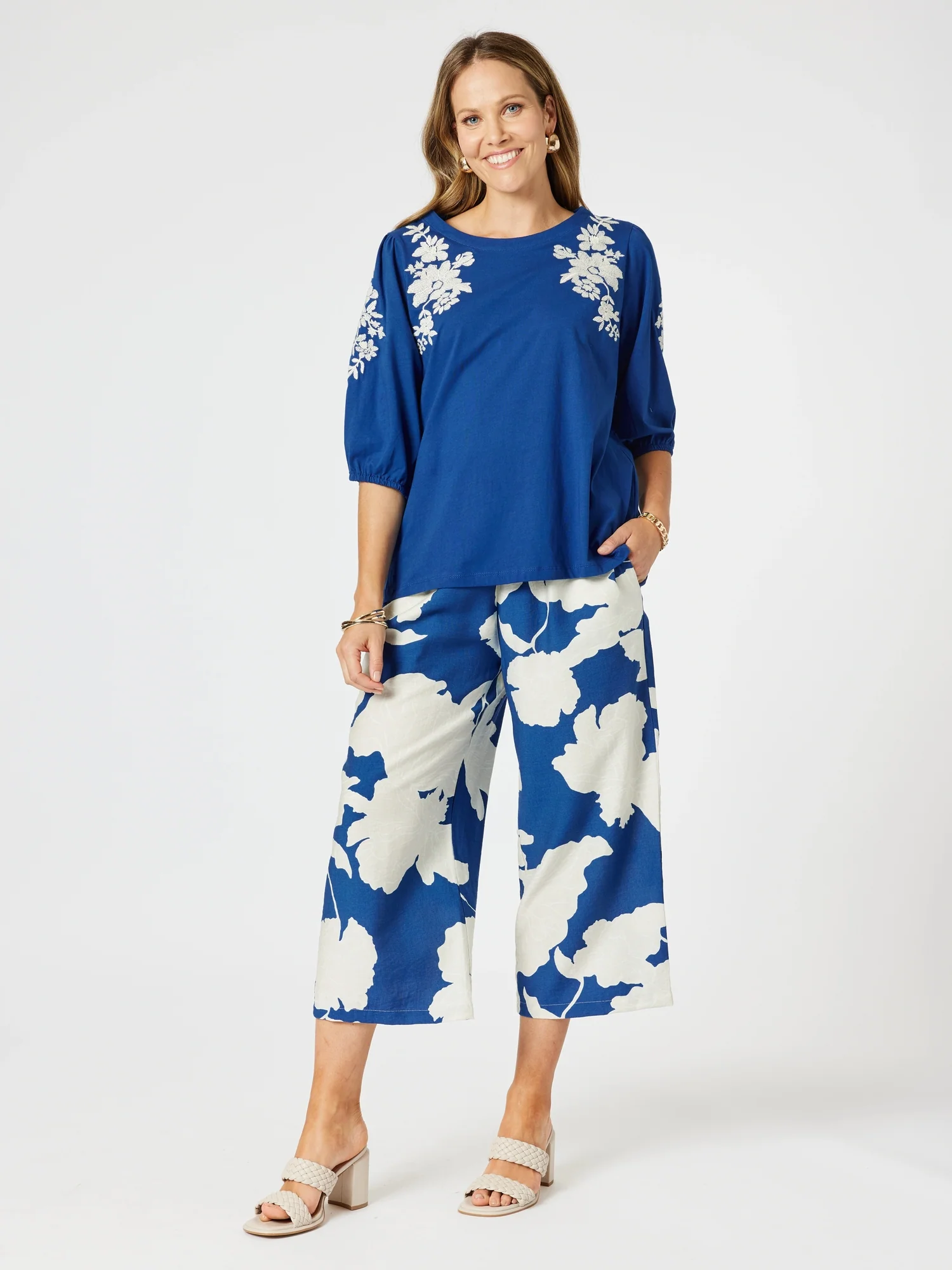 Barcelona Floral Print Pant - Blue/Natural