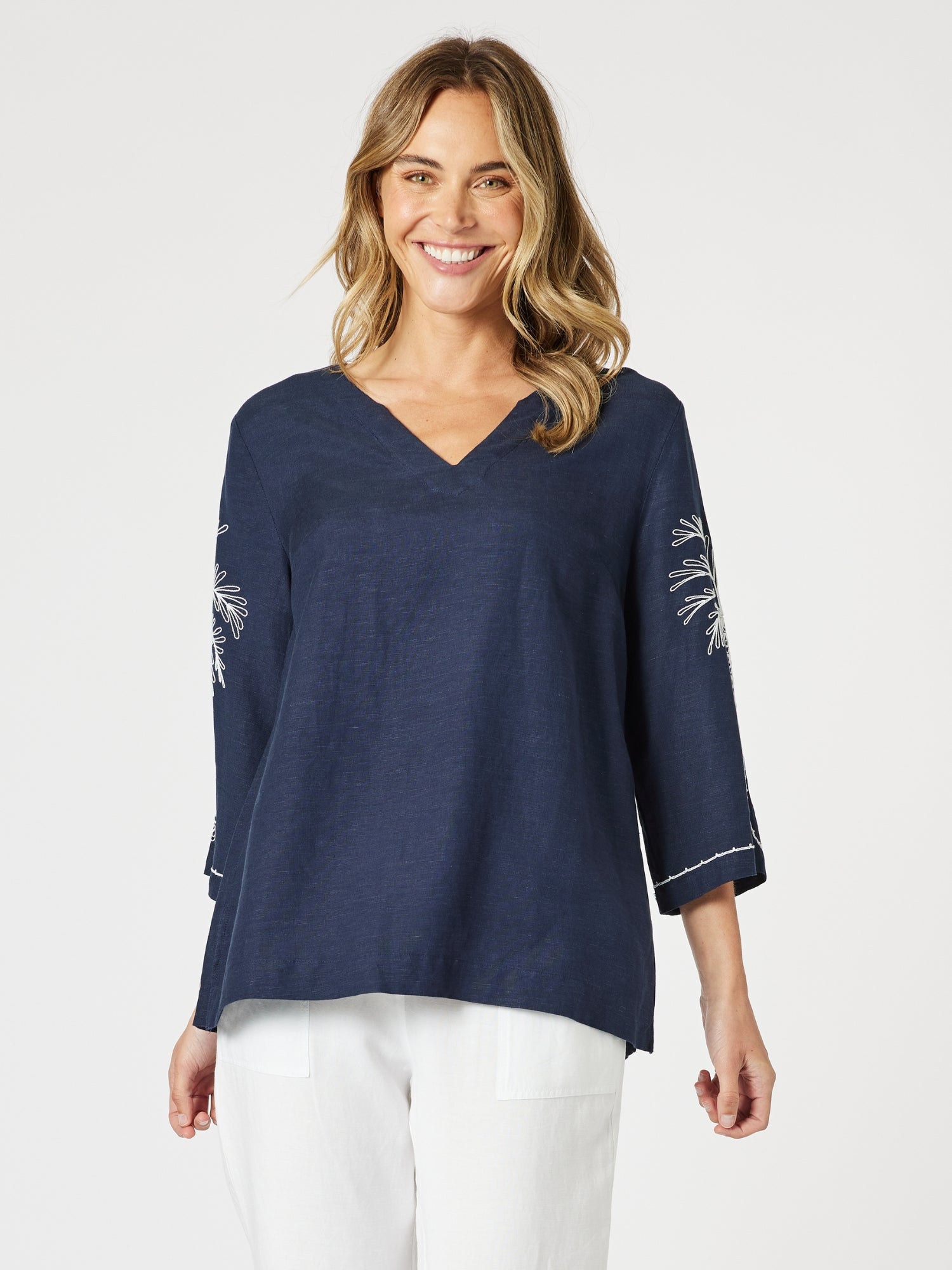 Palm Embroidery Lino Top - Navy/White