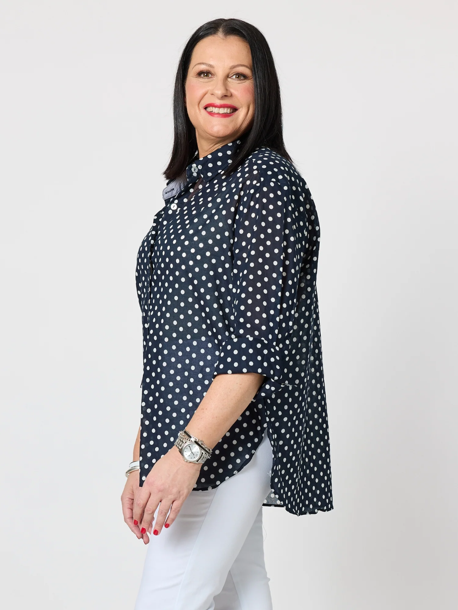 Get Spotty Print Sheer Shirt - Navy/White