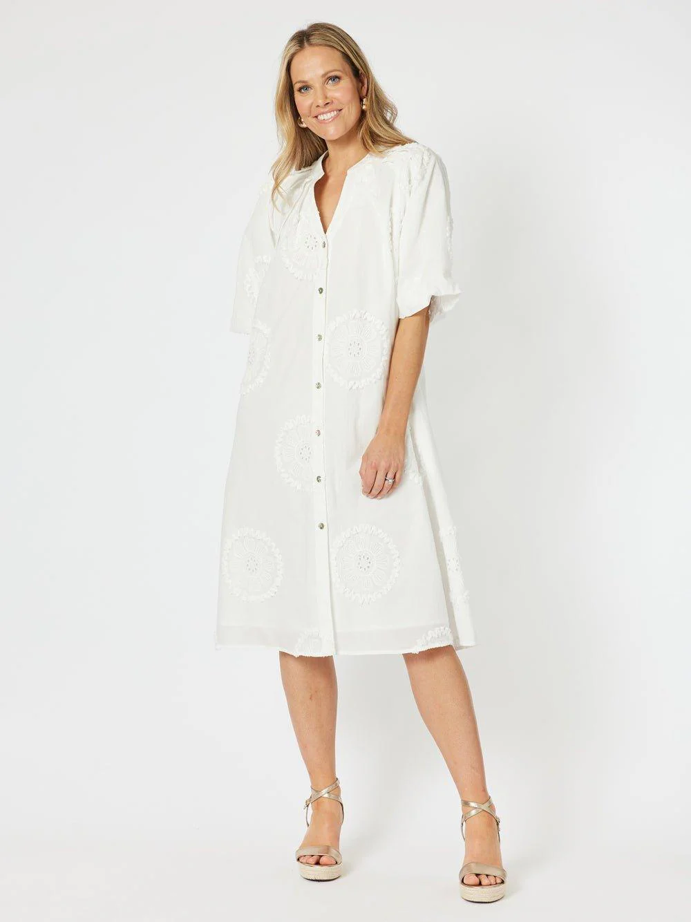Emanuella Embroidered Button Dress - White