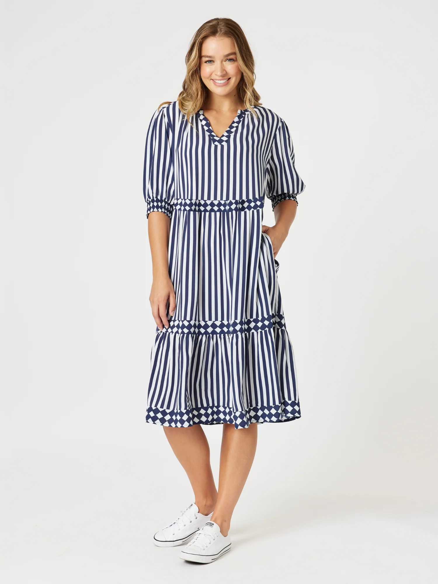 Harlequin Stripe Tier Dress - Navy/White