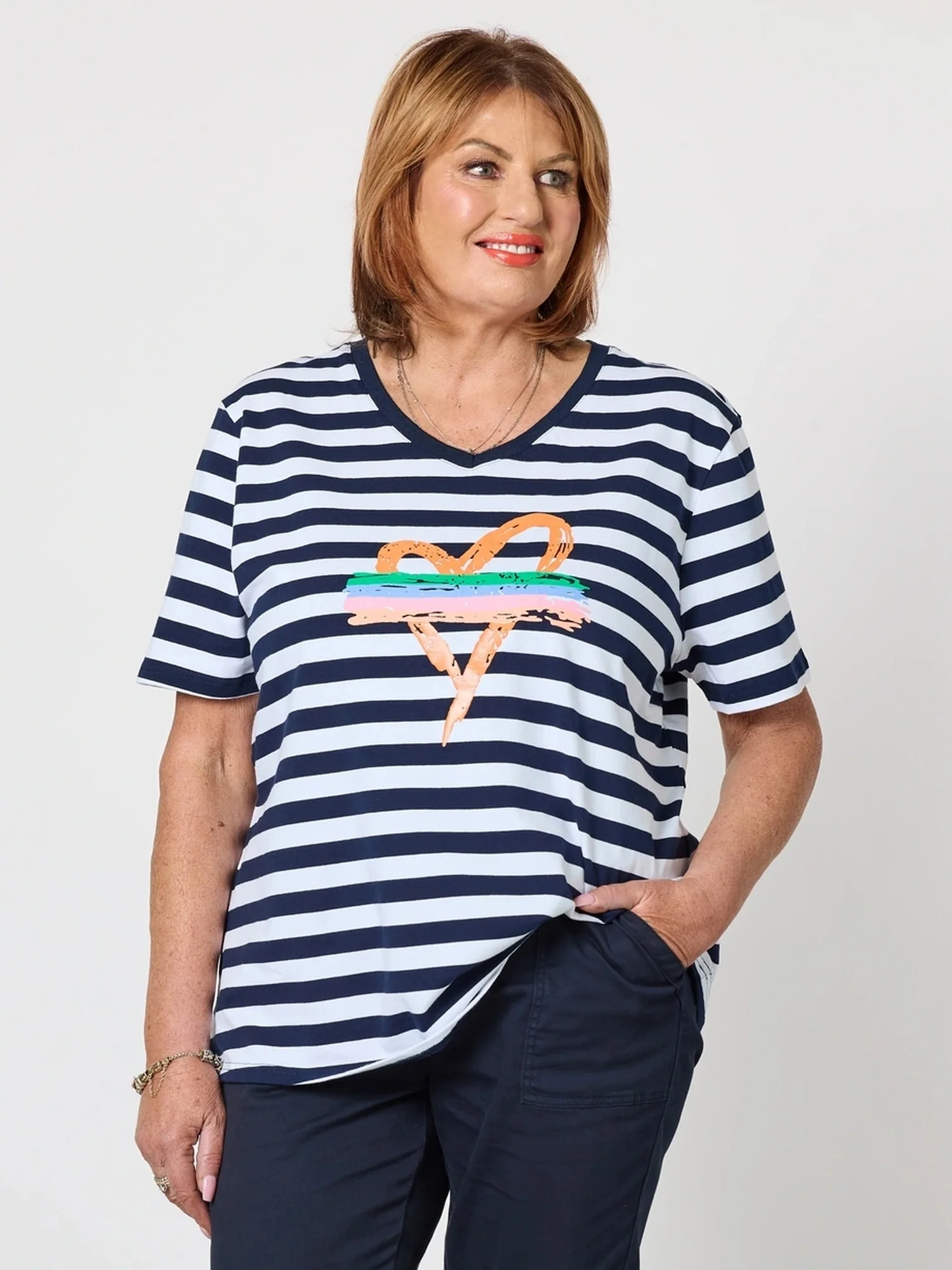 Heart Stripe Print T-shirt - Orange