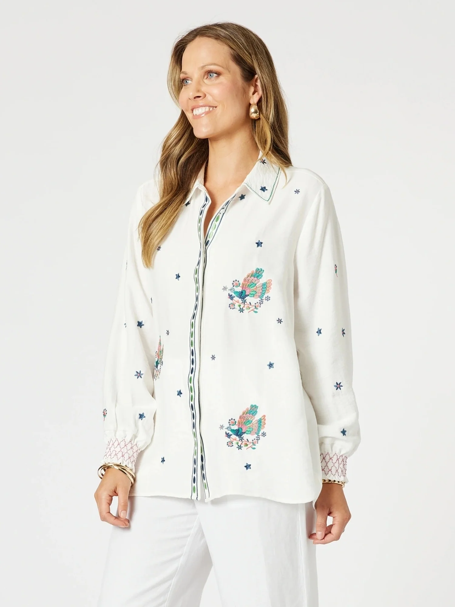 Peacock Embroidered Shirt - White Multi