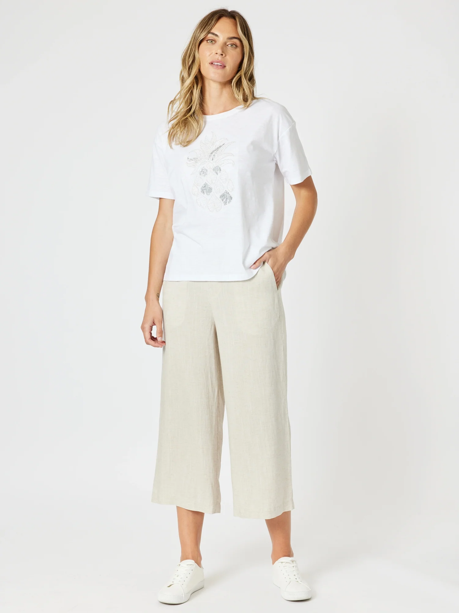 Silver Sequin Pineapple Print Tee - White/Silver