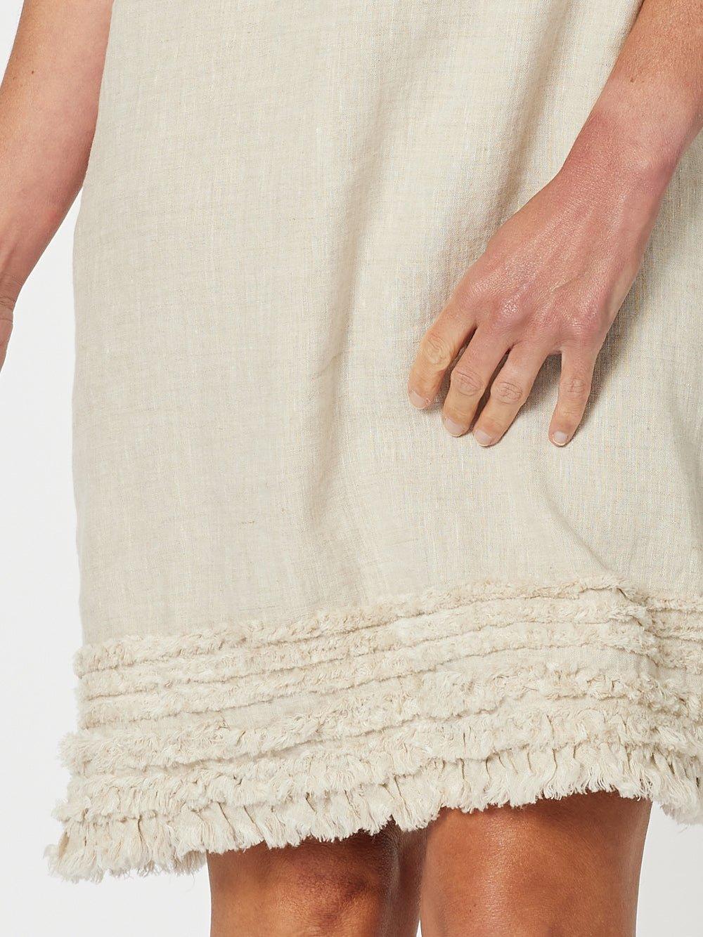 Ruffle Hem Scoop Neck Linen Dress - Natural