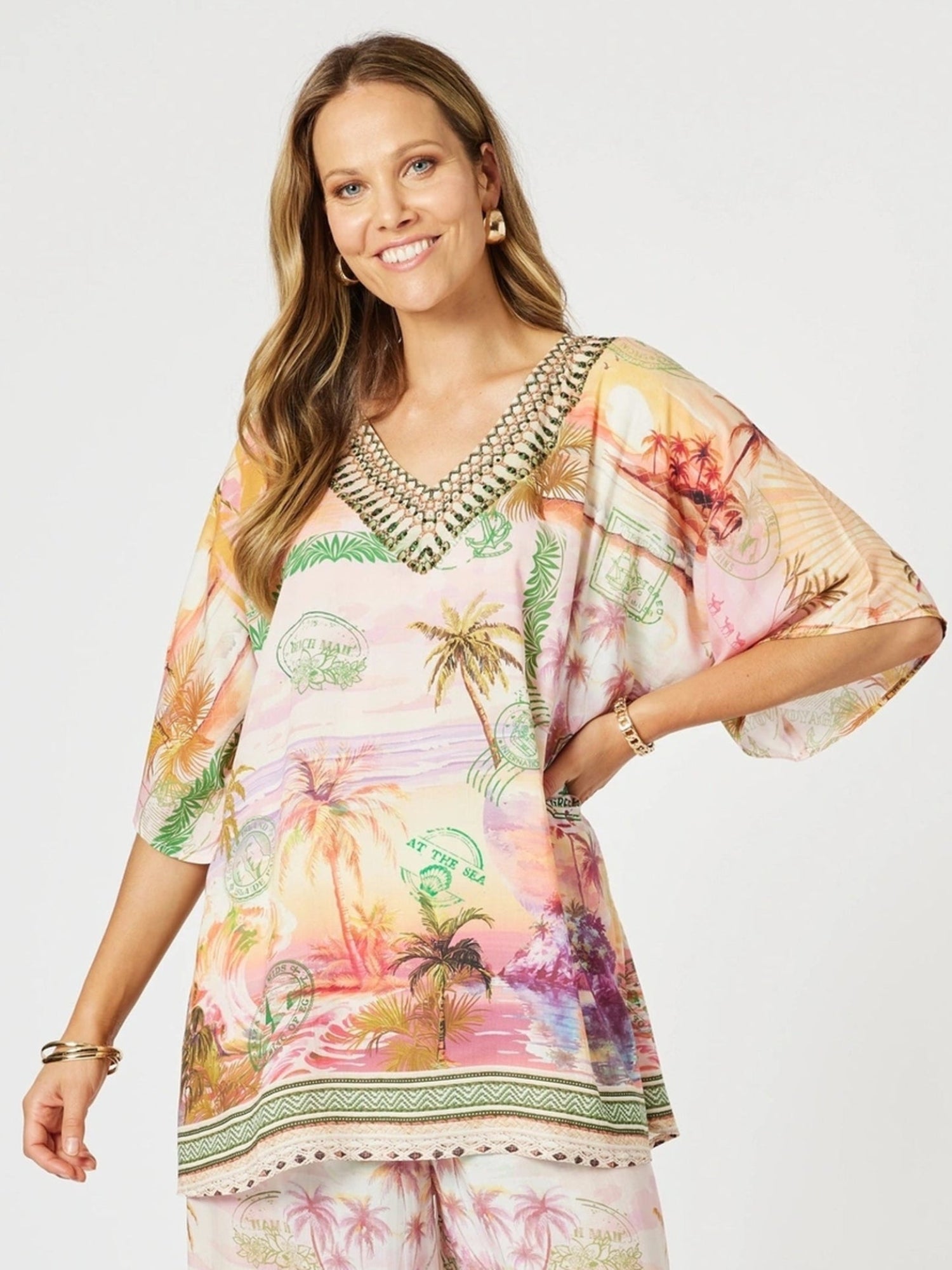 Passport Print V Neck Top - Sunset Multi