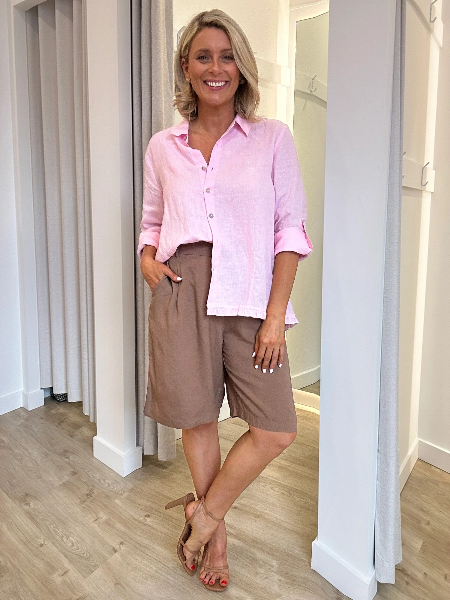 Ruffle Hem Linen Shirt - Pink