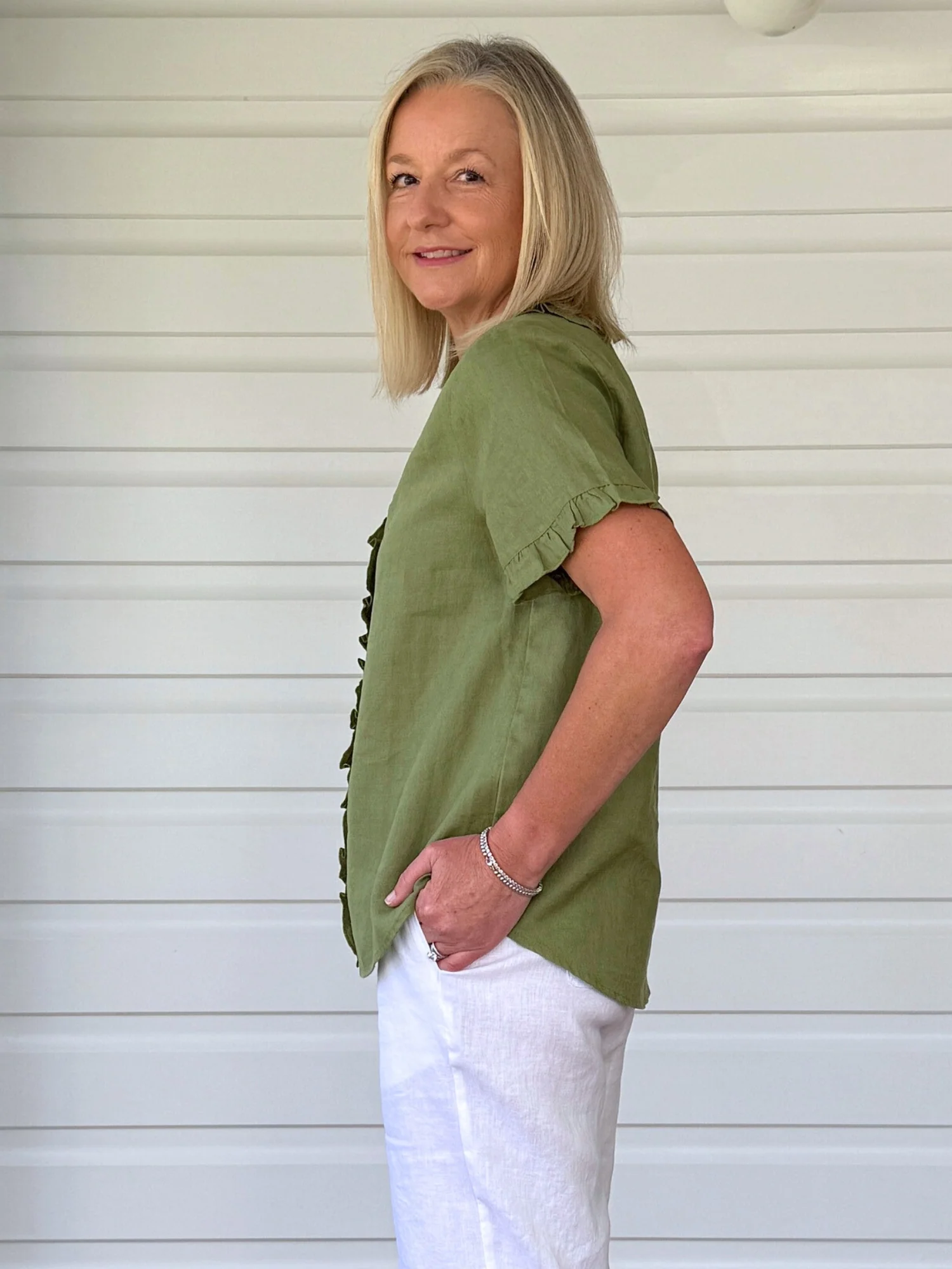 Tiffany Ruffle Linen Top - Basil