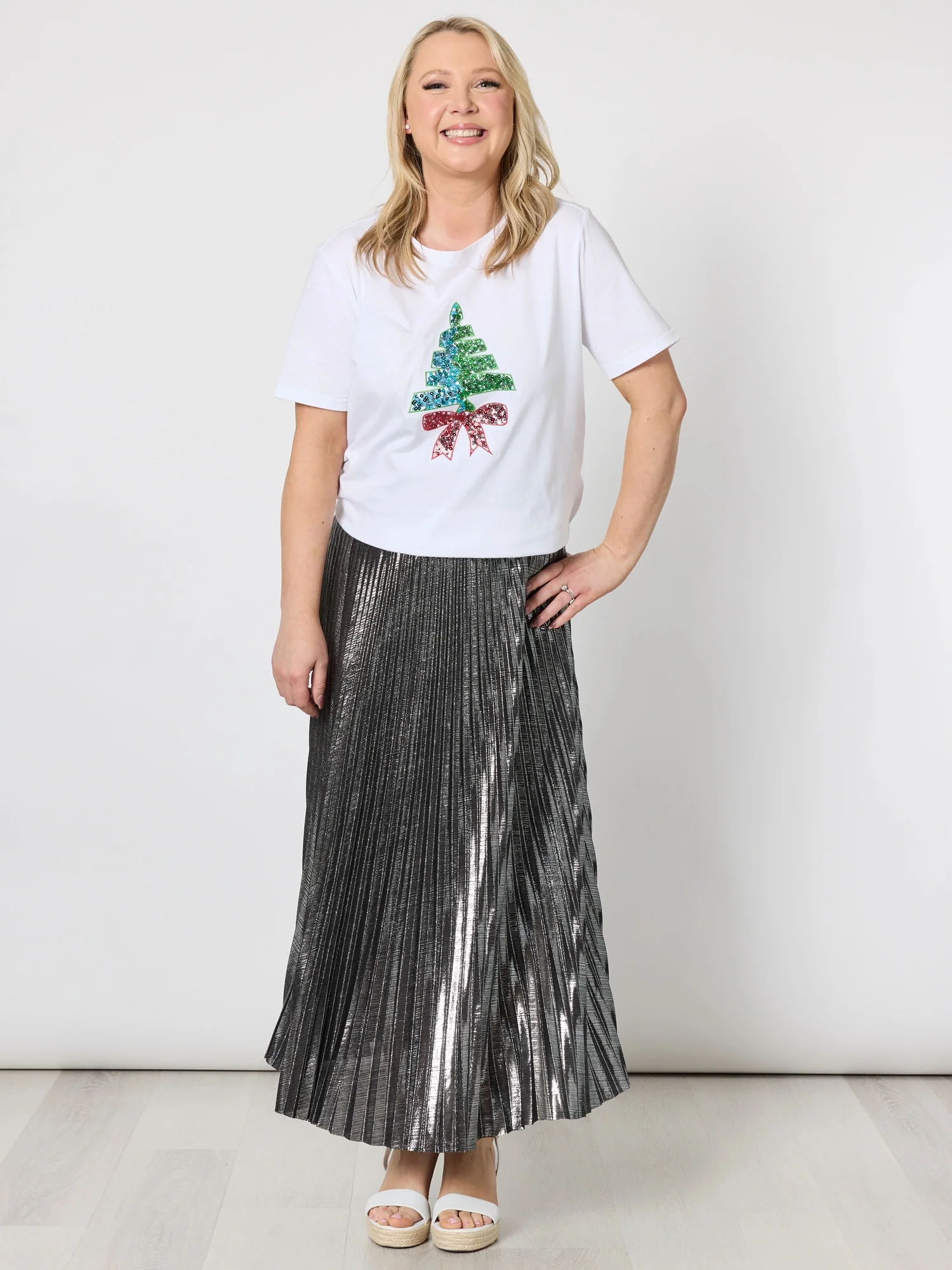 Sequin Xmas Tree Tee - White Multi
