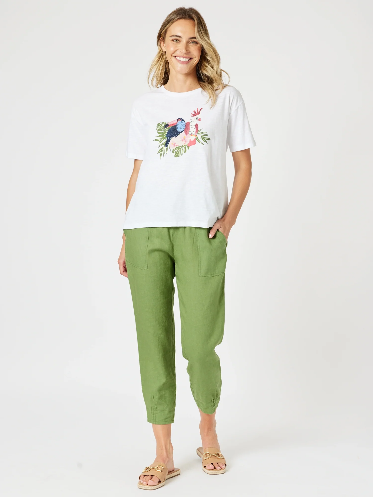 Sarah Linen Pleat Hem Pant - Basil
