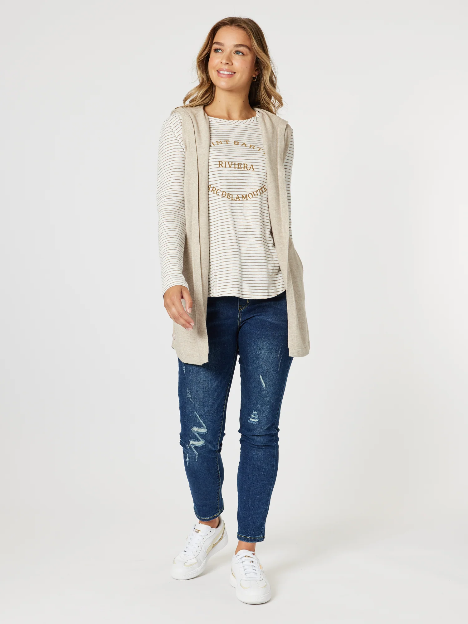 Riviera Long Sleeve Stripe Print Tee - Natural/White