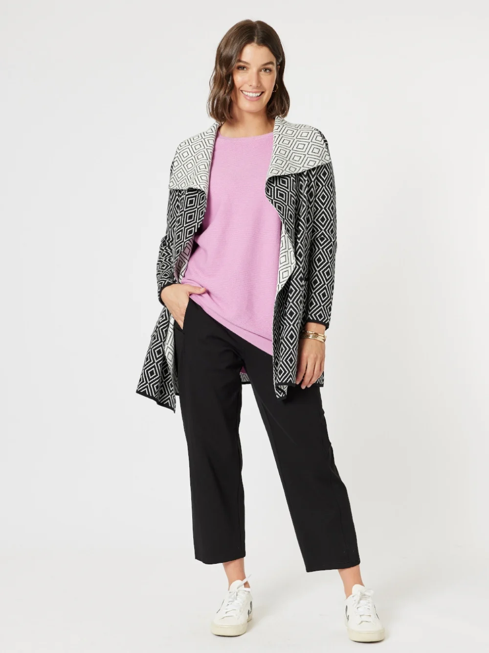 Chevron Knit Cardigan - Black/White