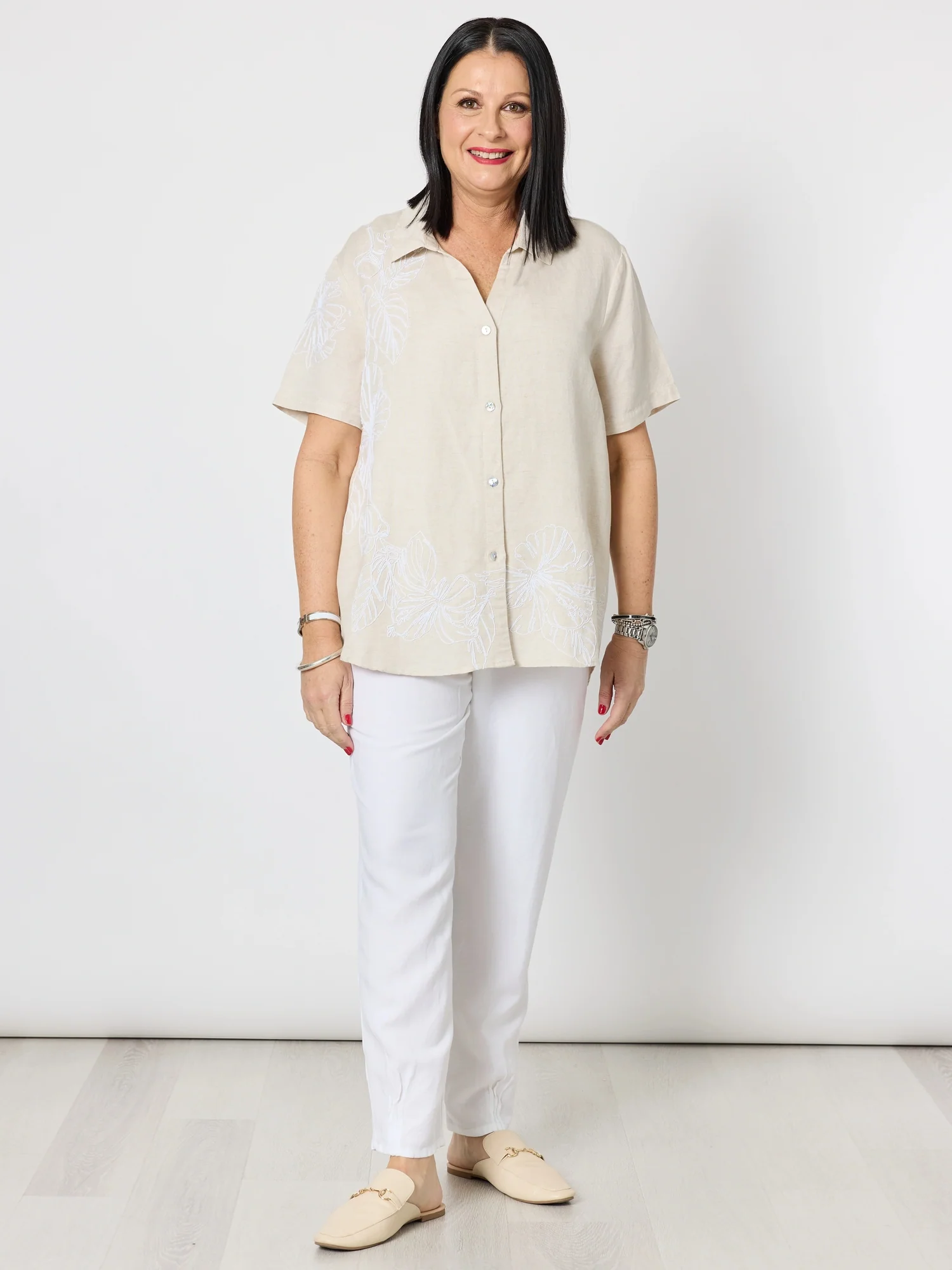 Lino Embroidered Shirt - Natural/White