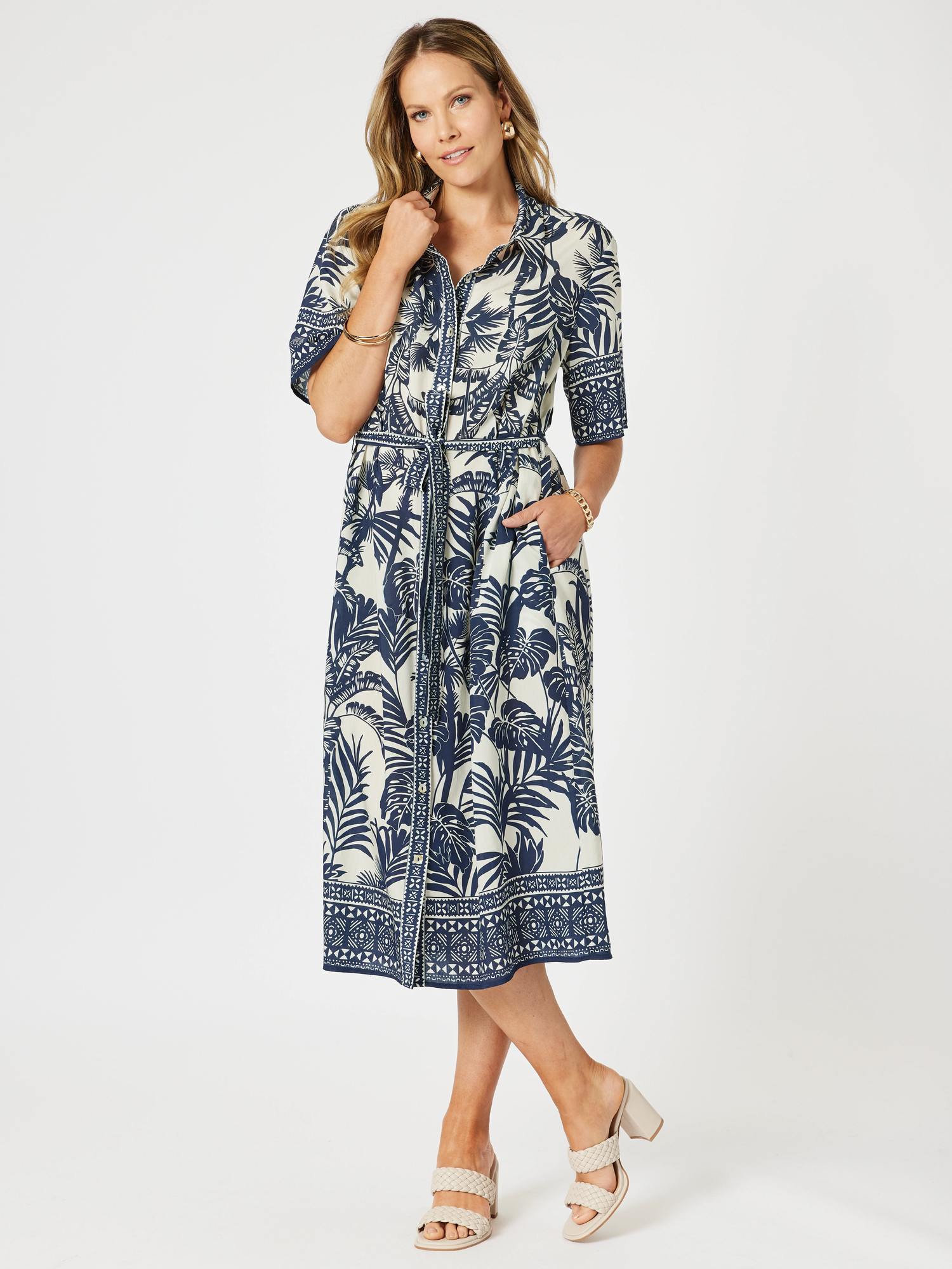Palm Cove Print Shirt Dress - Navy Multi