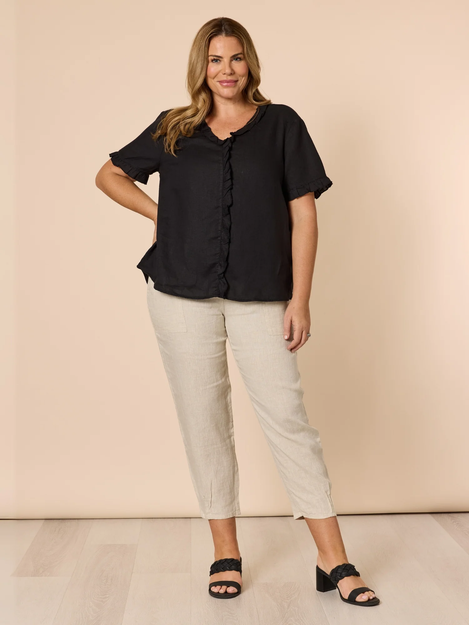 Tiffany Ruffle Linen Top - Black