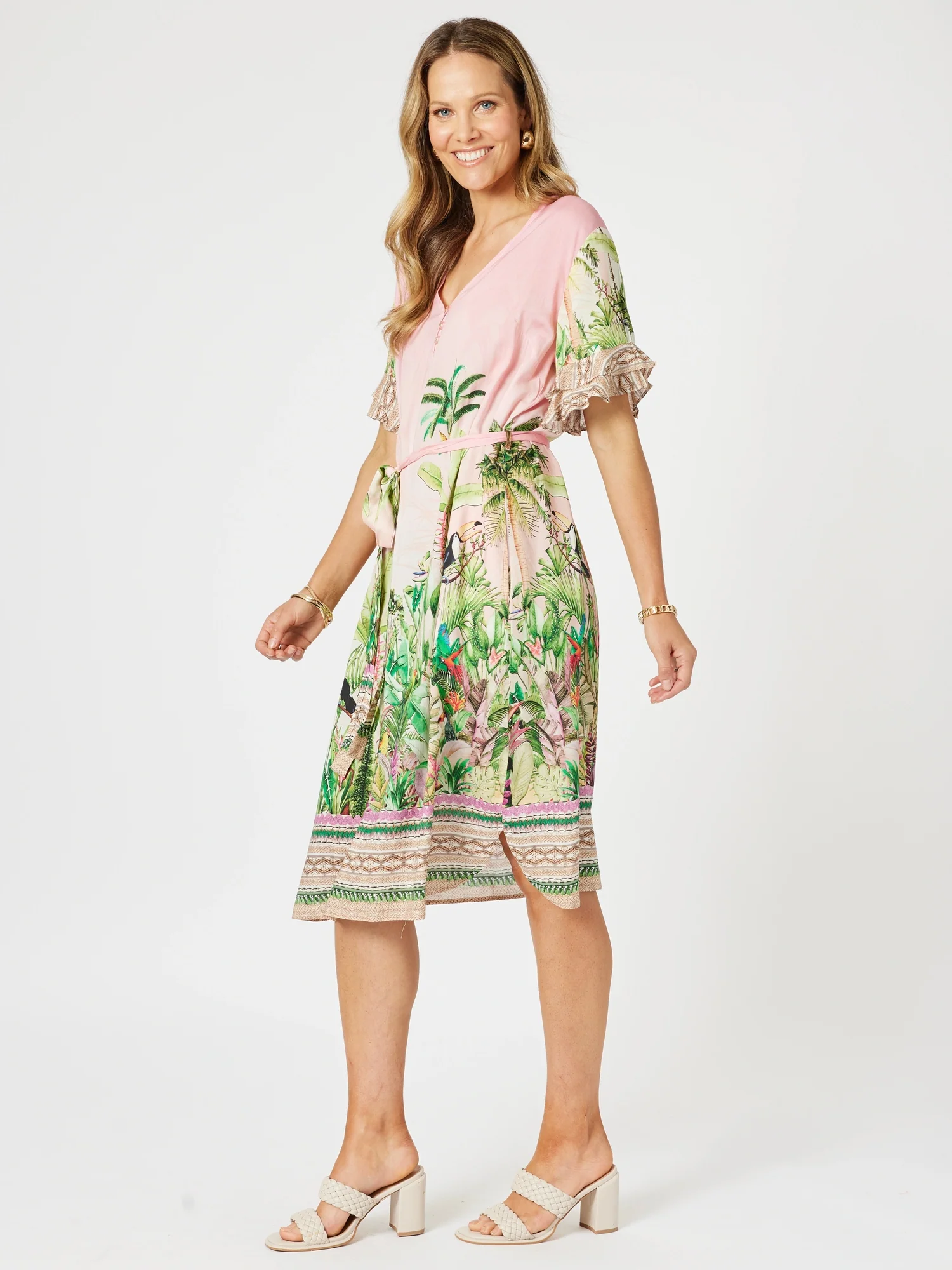 Toucan Print Ruffle Sleeve Dress - Pink