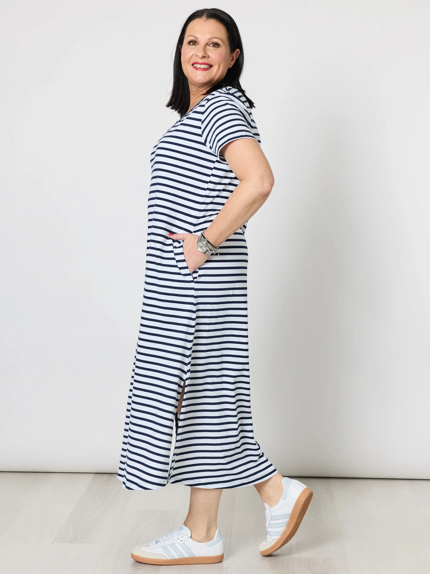 Gemma Stripe Print Dress - Navy/White