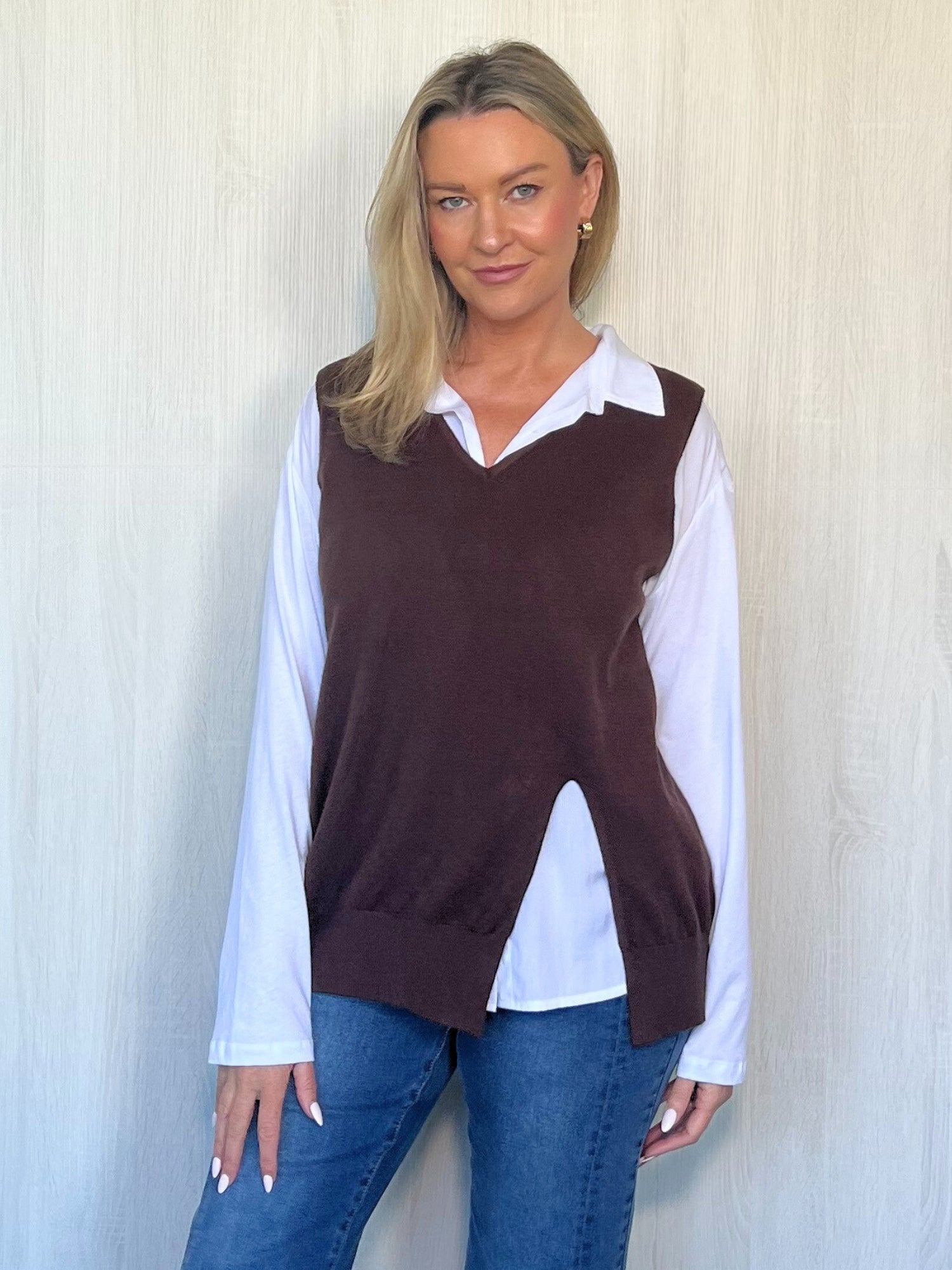 Vicky Side Split Knit Vest - Chocolate