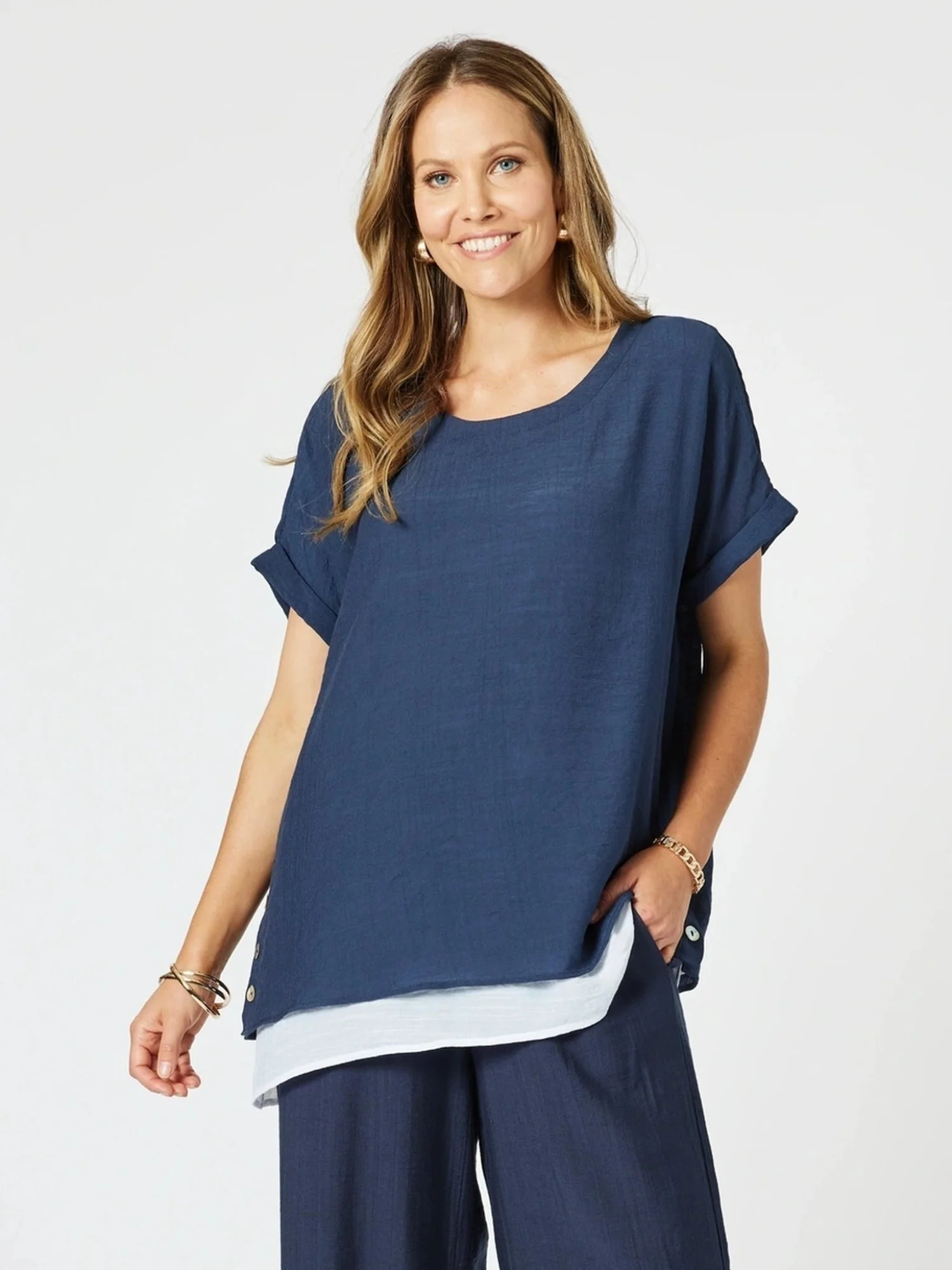 Palma Side Button 2 in 1 Look Top - Navy/White