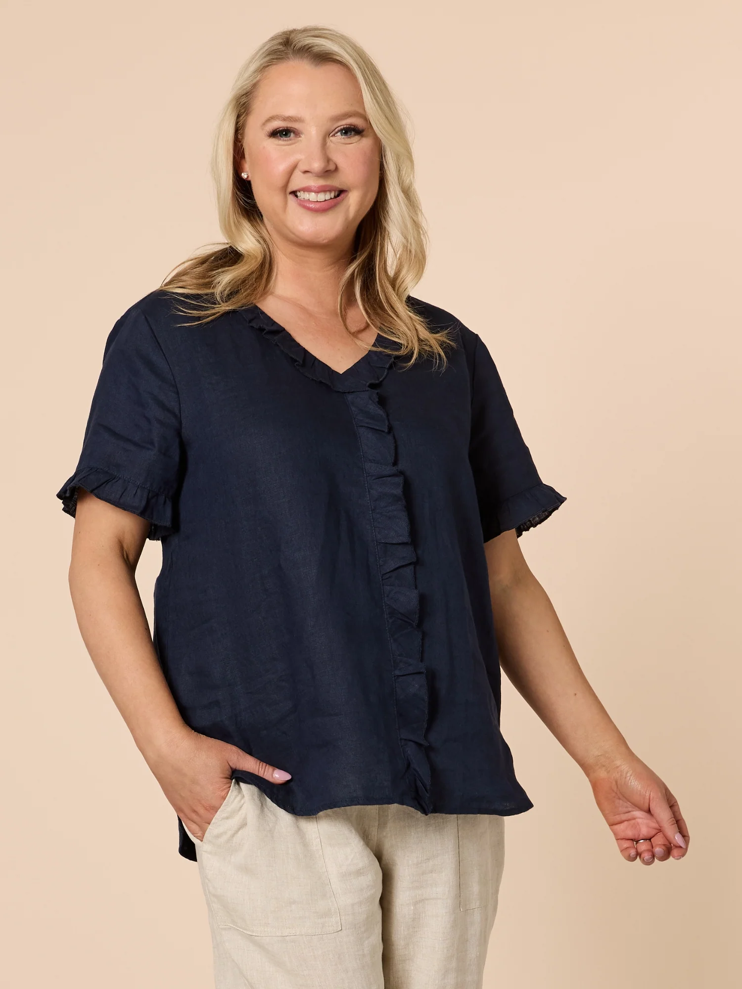 Tiffany Ruffle Linen Top - Navy
