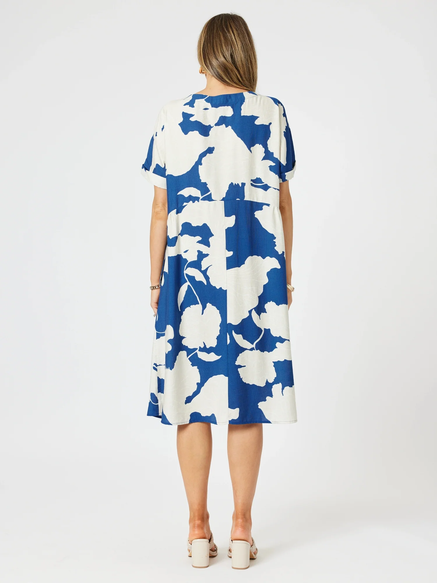 Barcelona V Neck Floral Print Dress - Blue/Natural
