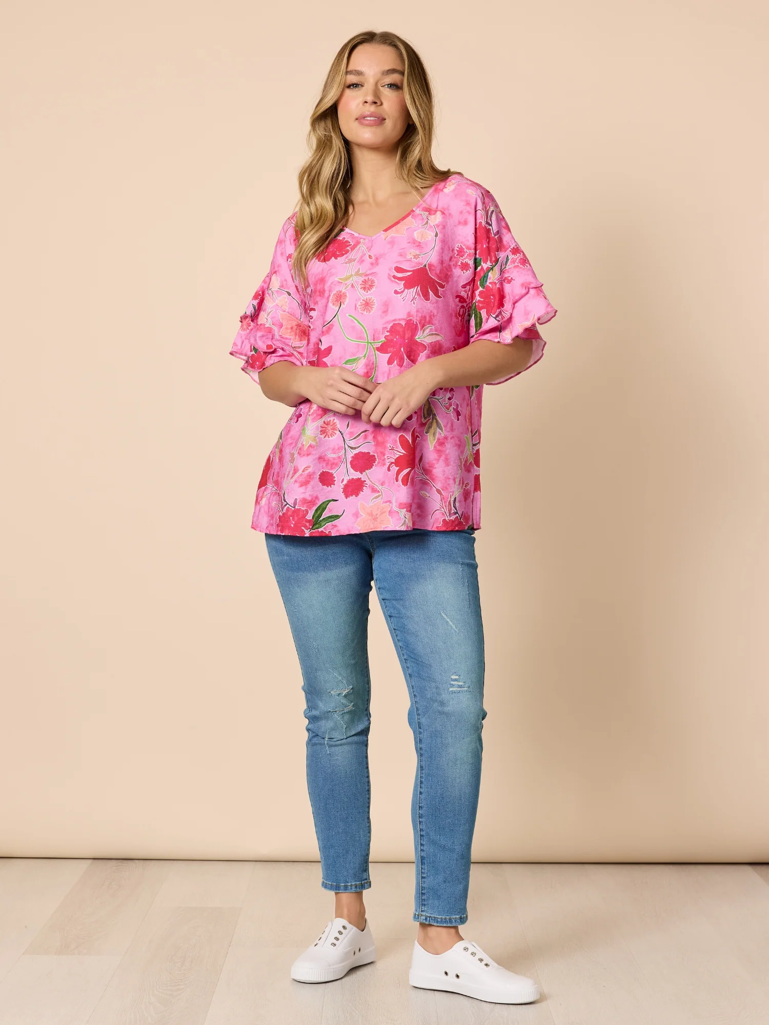 Summer Gala Floral Print Top - Hot Pink